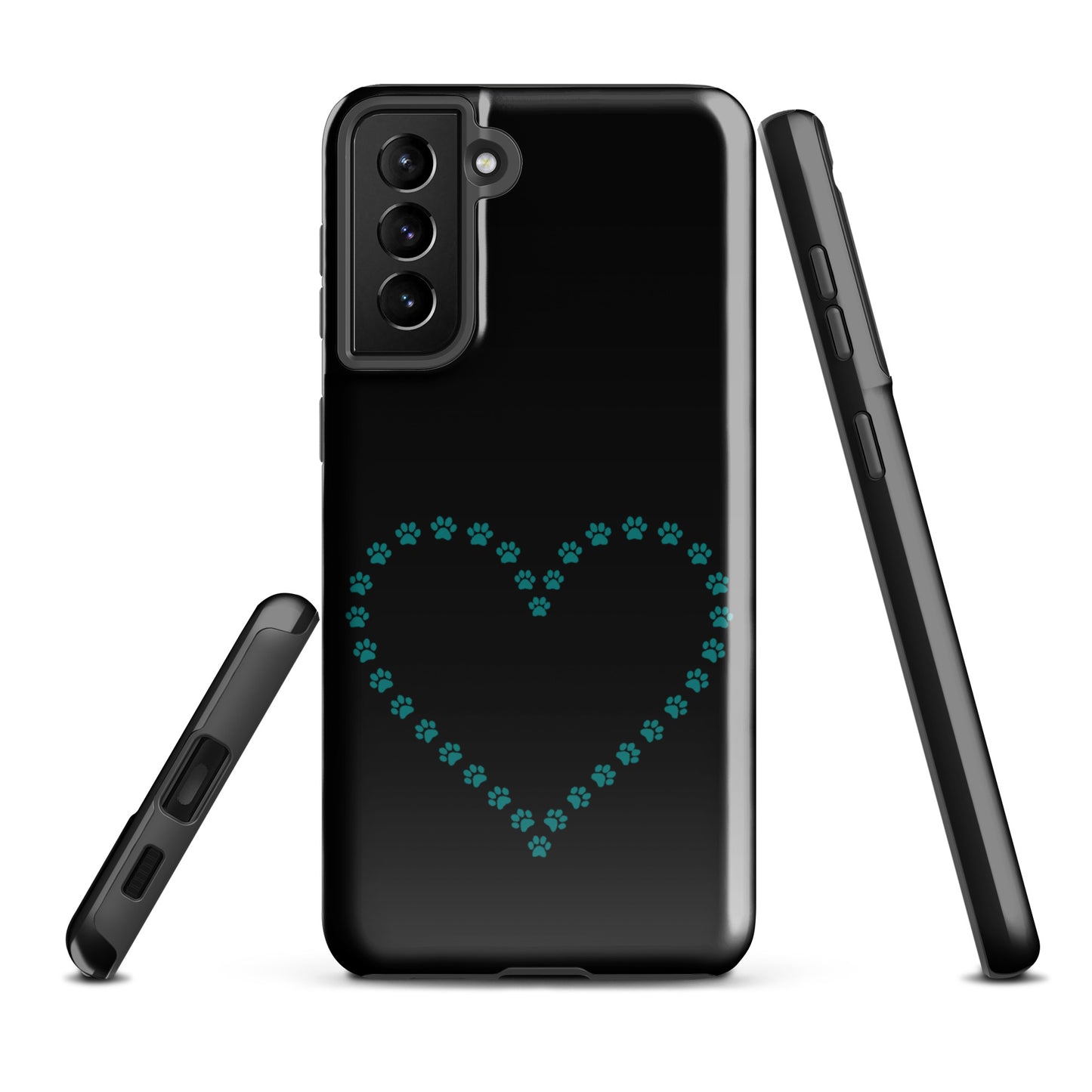 Phone Case for Samsung Galaxy with black and teal paw print heart design for pet lovers.