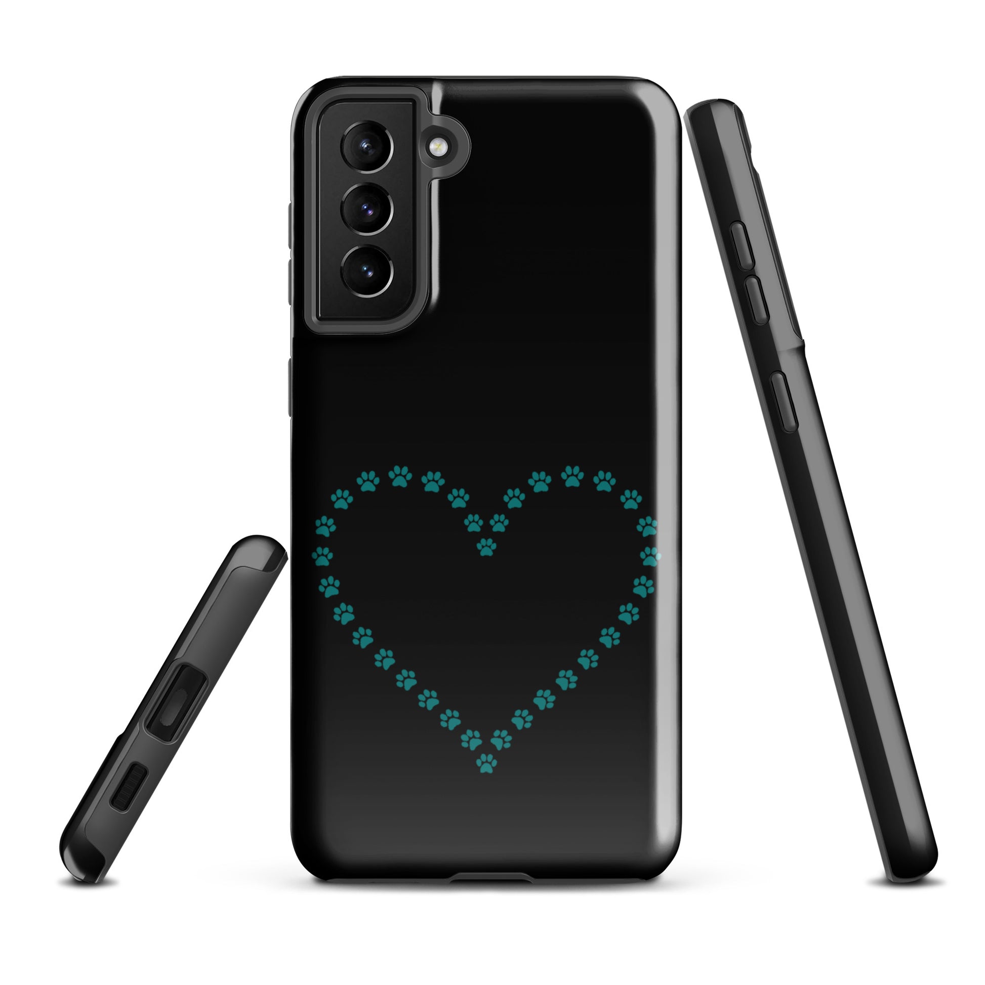 Phone Case for Samsung Galaxy with black and teal paw print heart design for pet lovers.