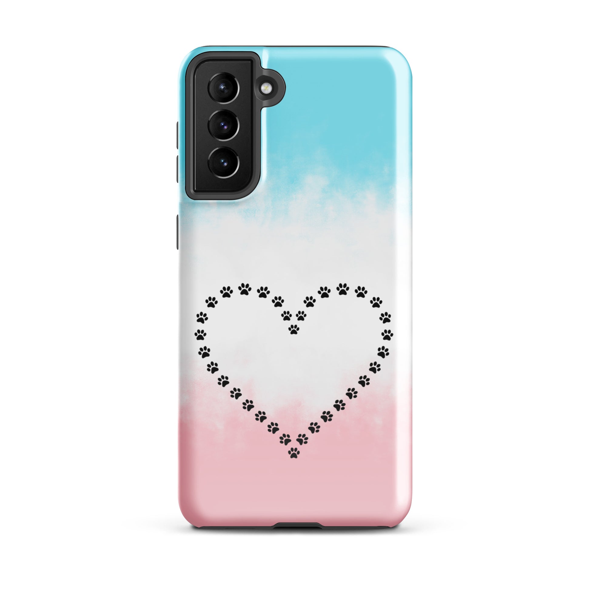 Phone Case for Samsung Galaxy with blue and pink paw print heart design for pet lovers, featuring cute black paw prints, durable protection.
