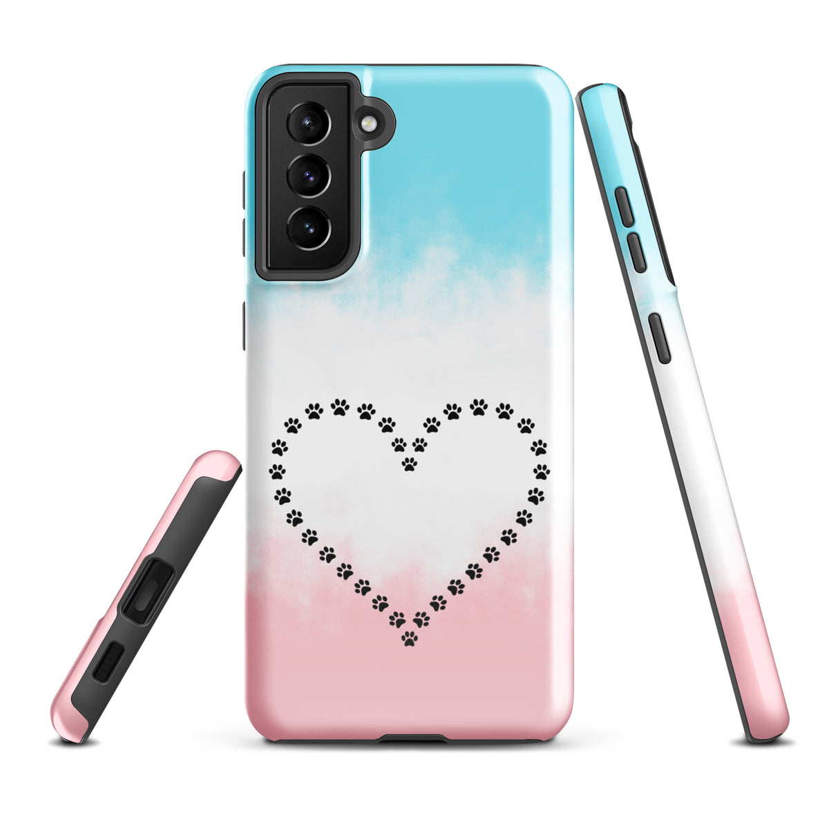Phone Case for Samsung Galaxy with paw print heart design in blue, white, pink, perfect for pet lovers seeking durable protection.