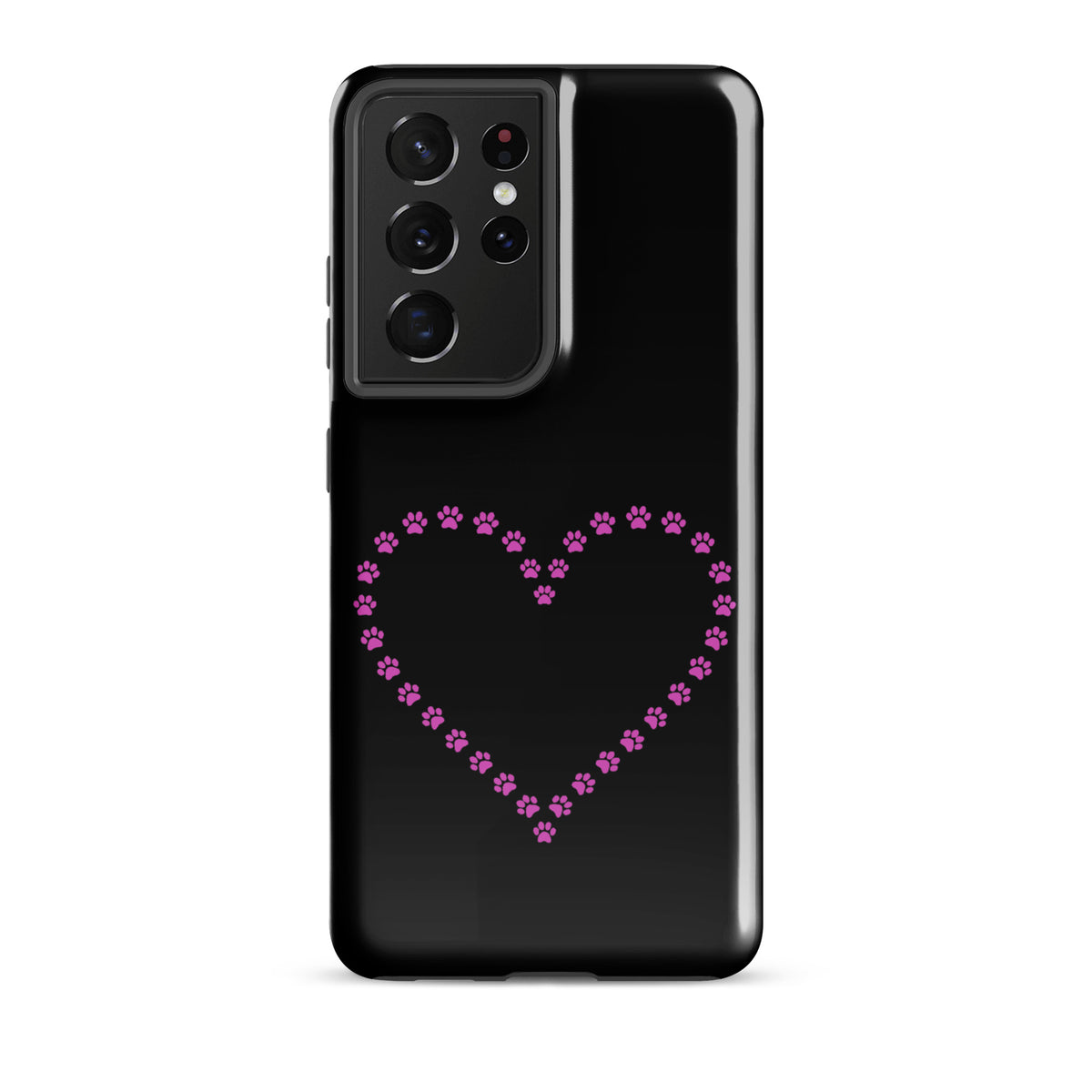 Phone Case for Samsung Galaxy with paw print heart design for pet lovers in black and pink.