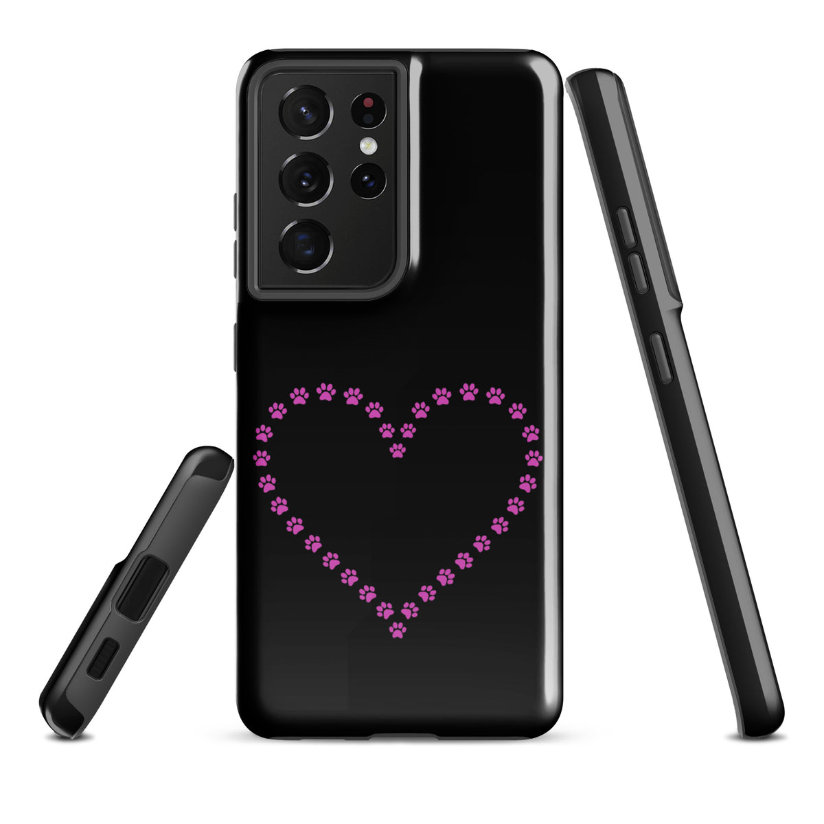 Phone Case for Samsung Galaxy with pink paw print heart design, perfect for pet lovers, durable black cover for cats and dogs fans.