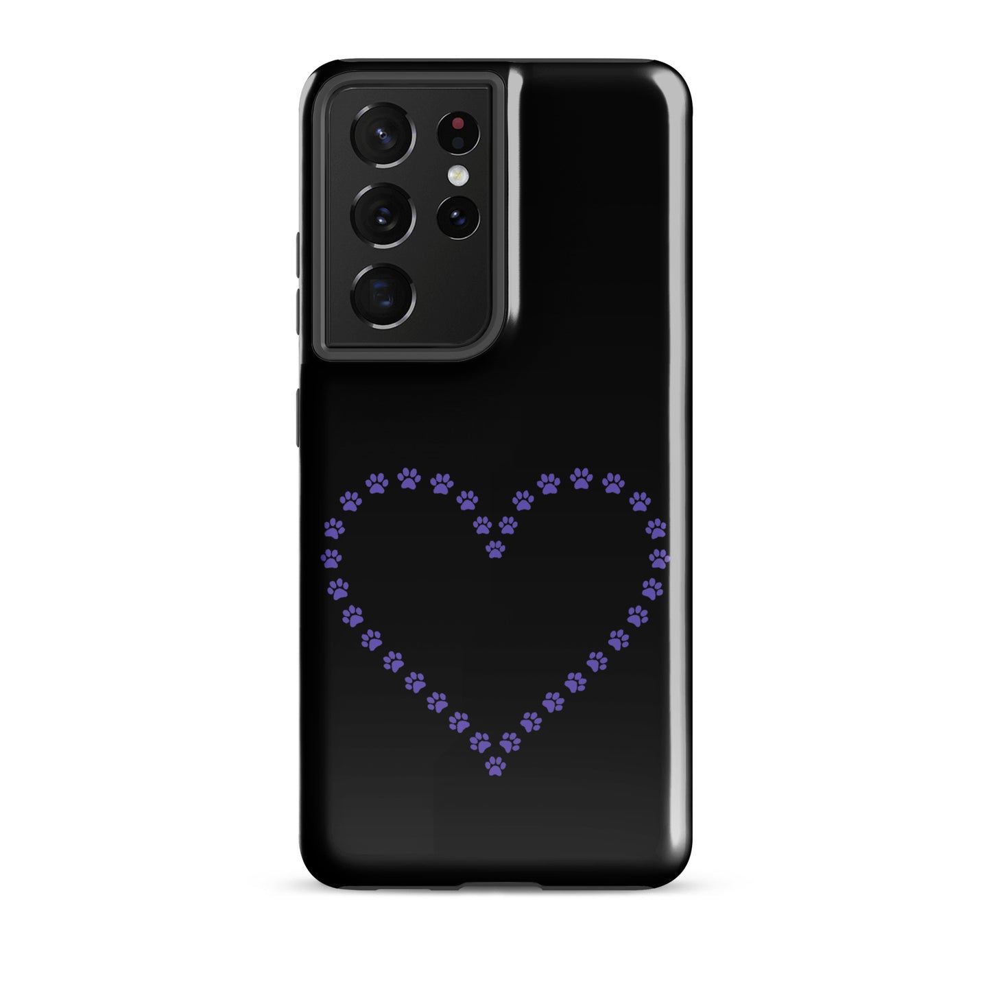 Phone Case for Samsung Galaxy with black and purple paw print heart design for pet lovers.