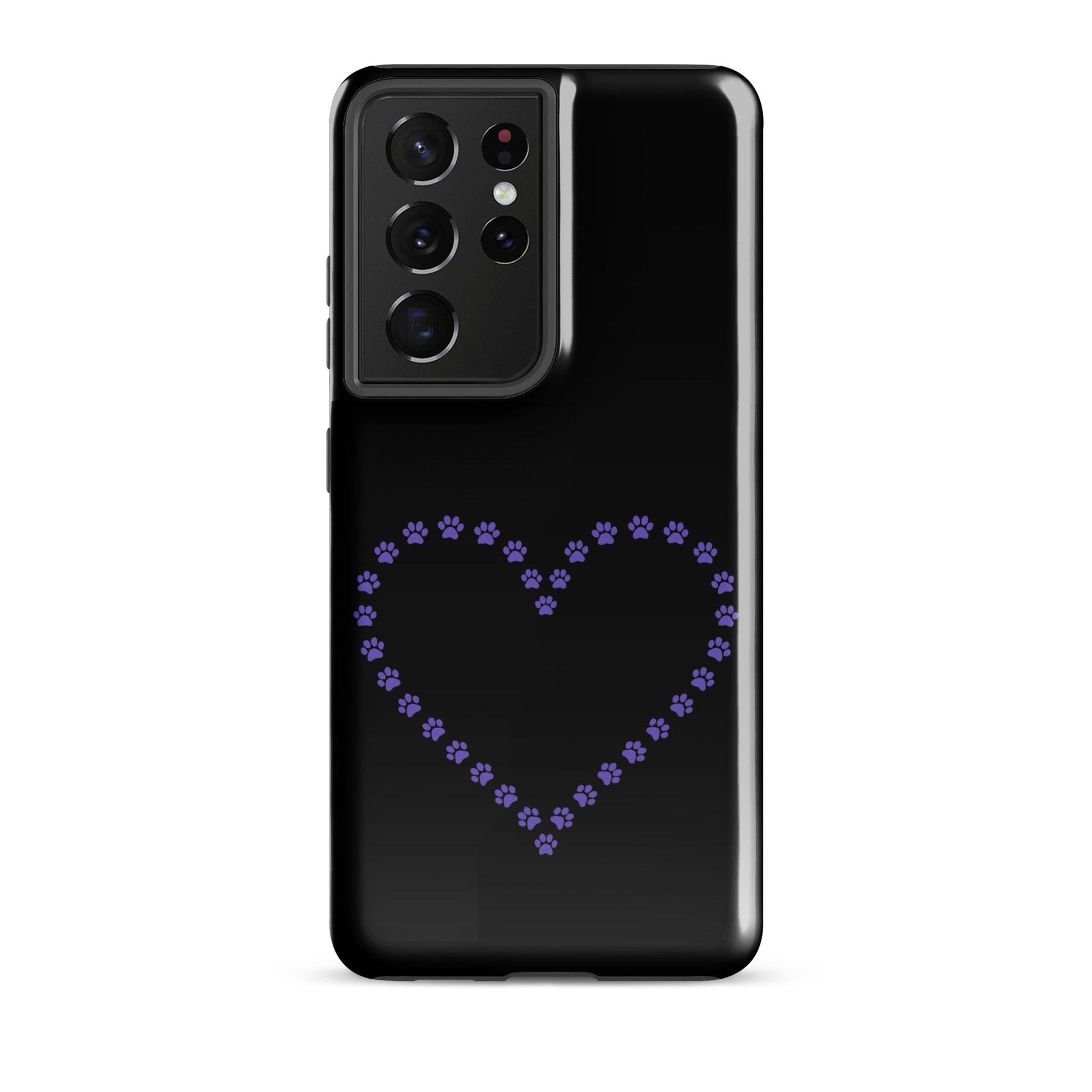 Phone Case for Samsung Galaxy with black and purple paw print heart design for pet lovers.
