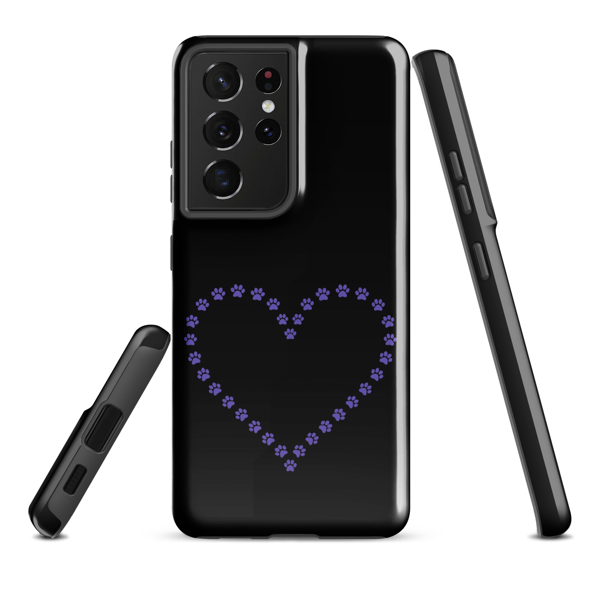 Phone Case for Samsung Galaxy with black and purple paw print heart design, ideal for pet lovers seeking durable protection.