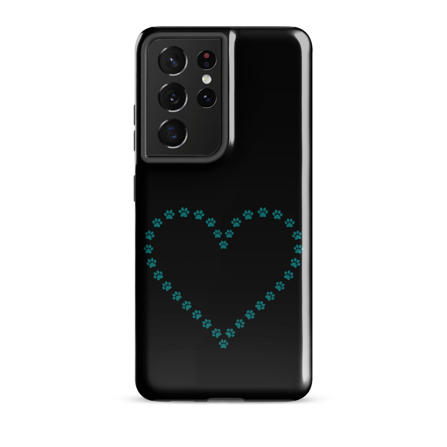 Phone Case for Samsung Galaxy with teal paw print heart design, ideal for pet lovers seeking durability and charm in black-teal.