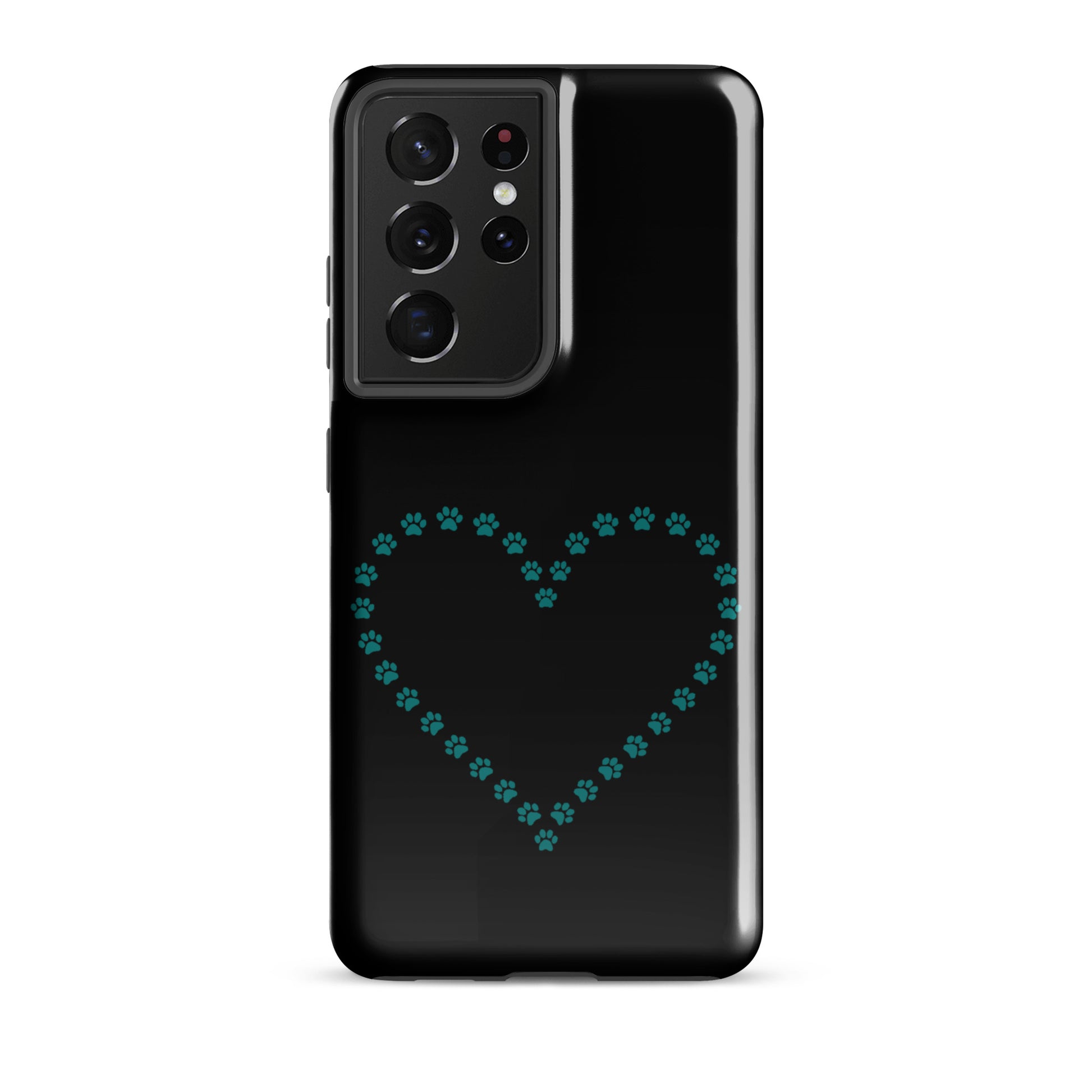 Phone Case for Samsung Galaxy with teal paw print heart design, ideal for pet lovers seeking durability and charm in black-teal.