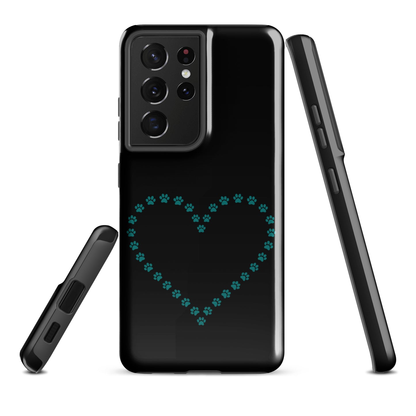Phone Case for Samsung Galaxy with paw print heart design in black and teal, perfect for pet lovers who admire cats and dogs.