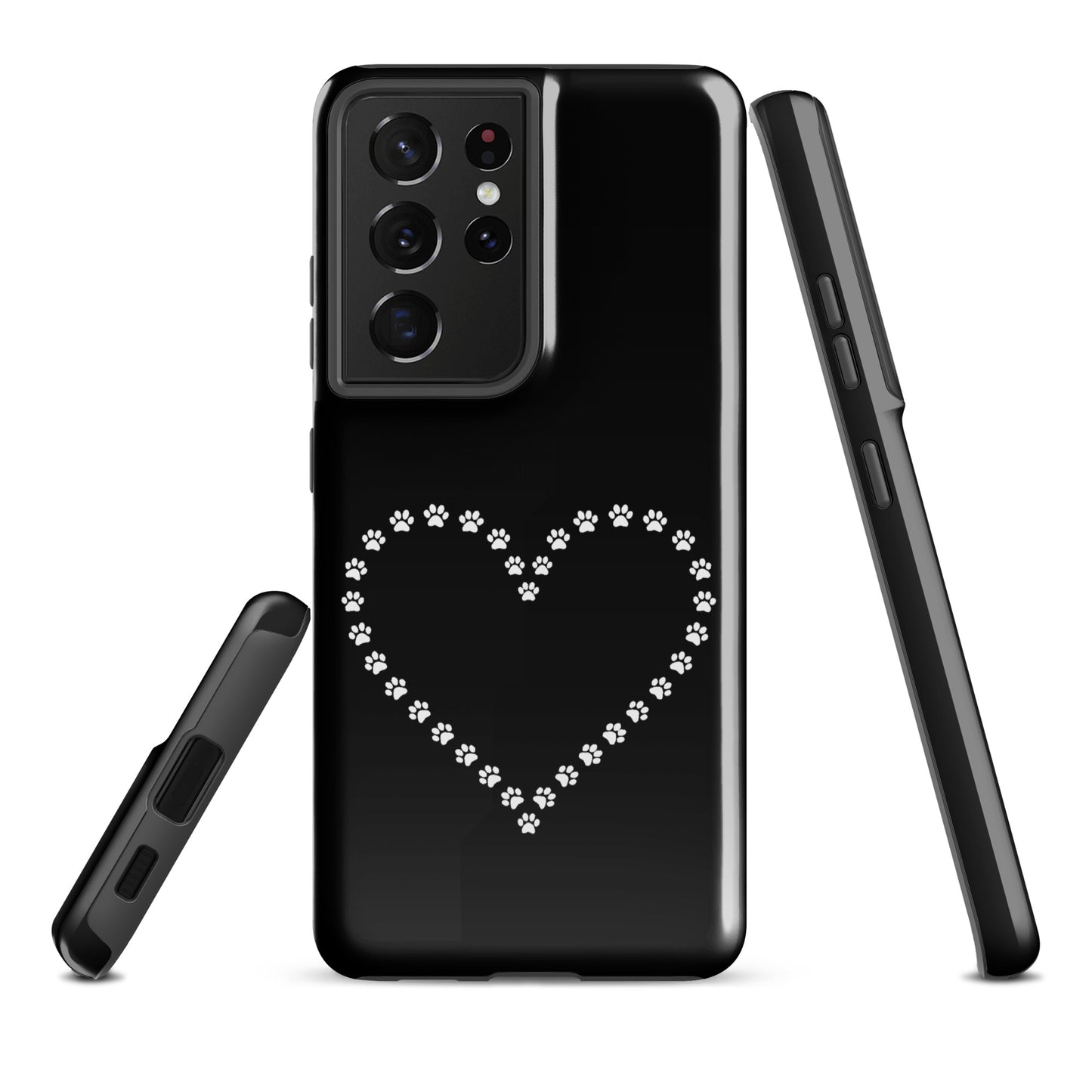 Phone Case for Samsung Galaxy with paw print heart design in black and white, perfect for pet lovers. Durable and charming accessory.