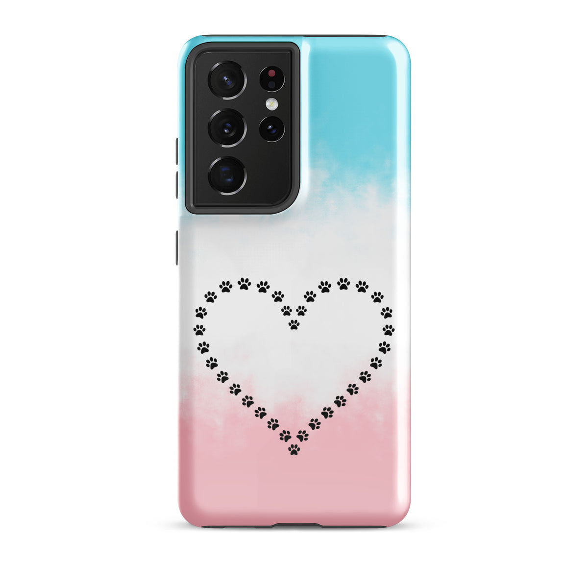Phone Case for Samsung Galaxy with paw print heart design in blue, white, and pink for pet lovers.
