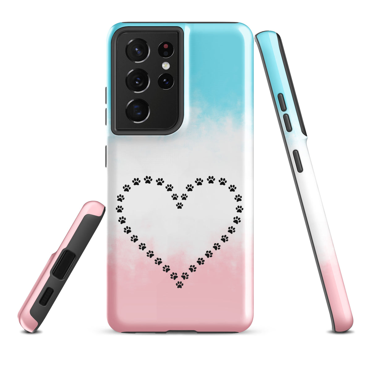 Phone Case for Samsung Galaxy with paw print heart design in blue, white, and pink, perfect for pet lovers seeking charm and durability.
