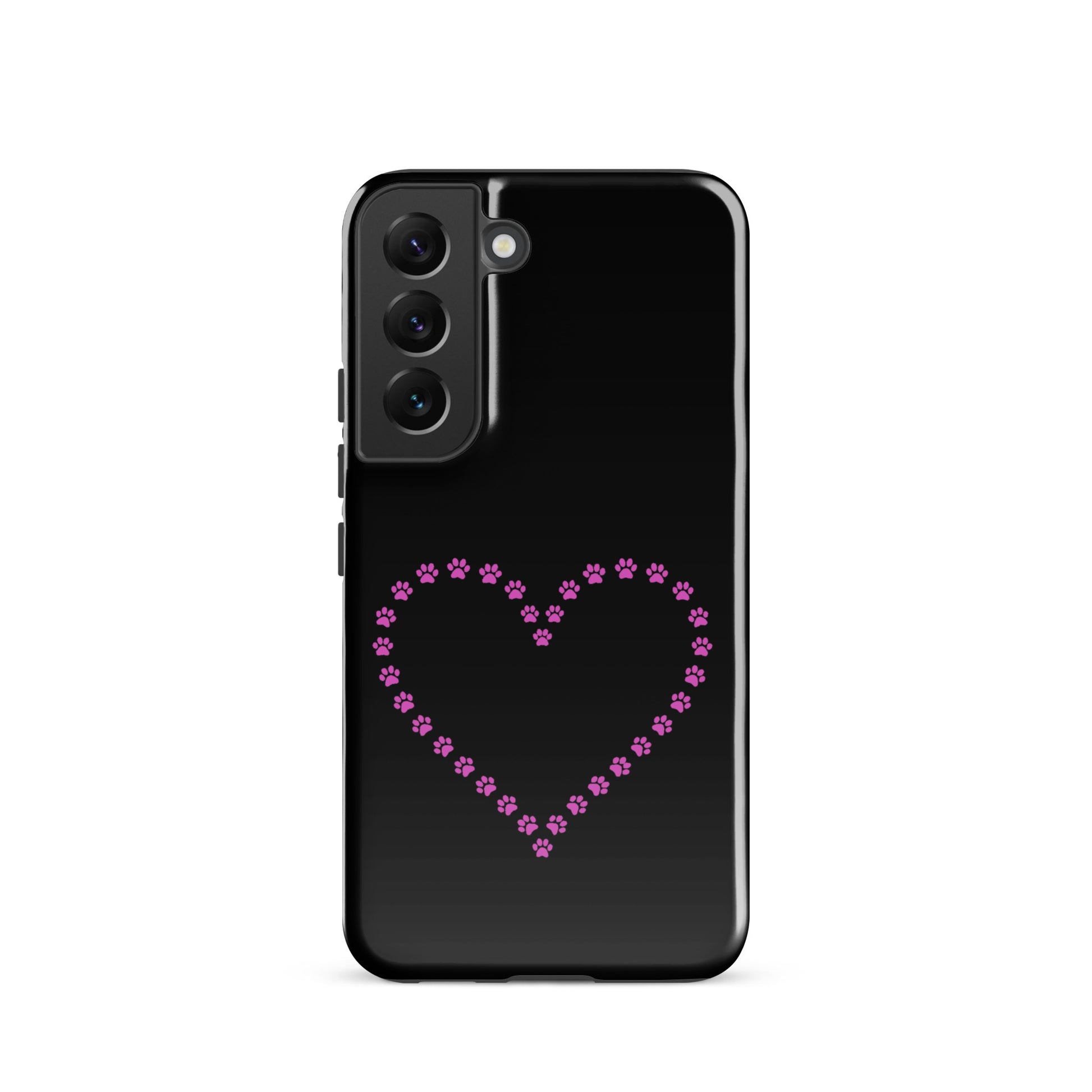 Phone Case for Samsung Galaxy with black and pink paw print heart design for pet lovers.