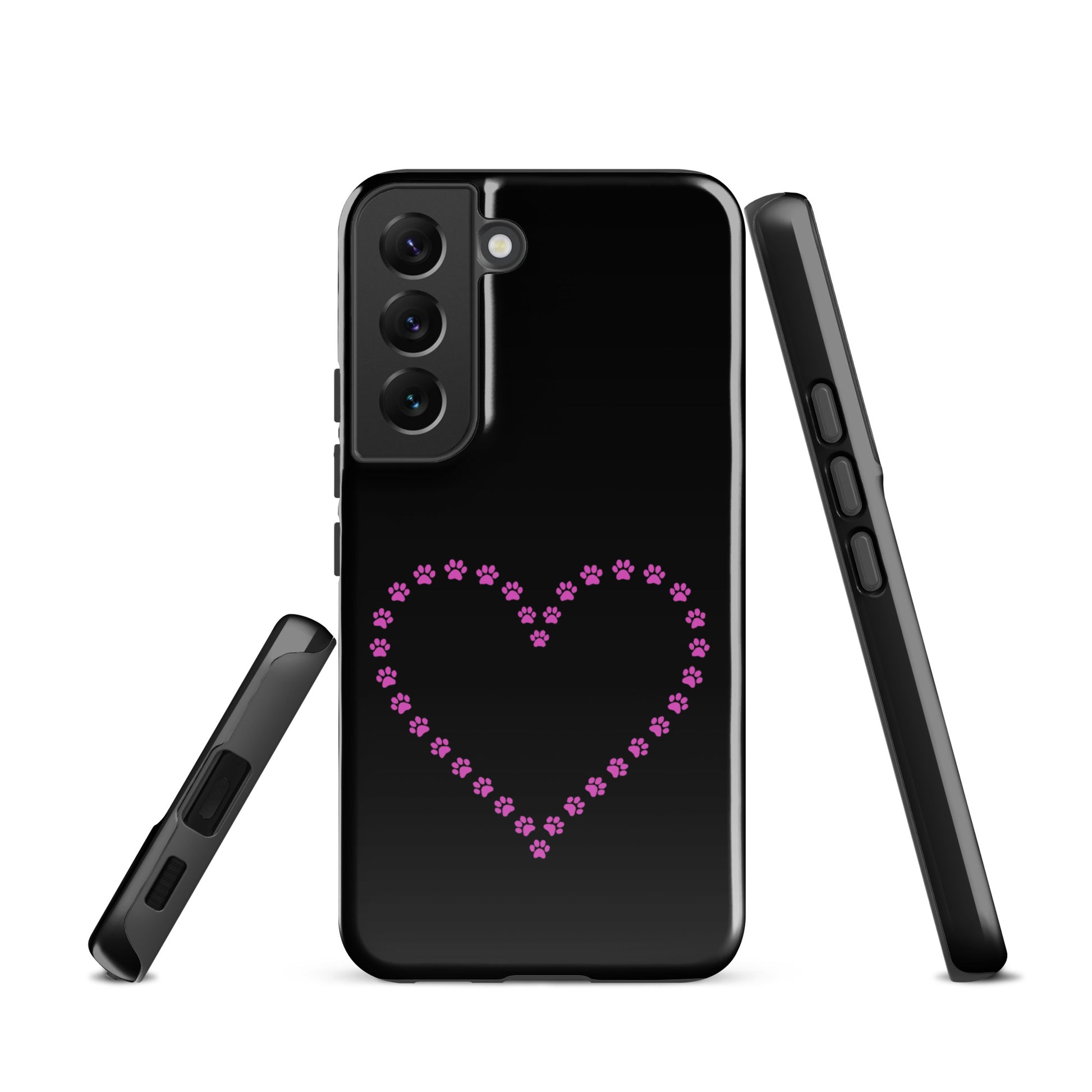 Phone Case for Samsung Galaxy with paw print heart design for pet lovers in black and pink.