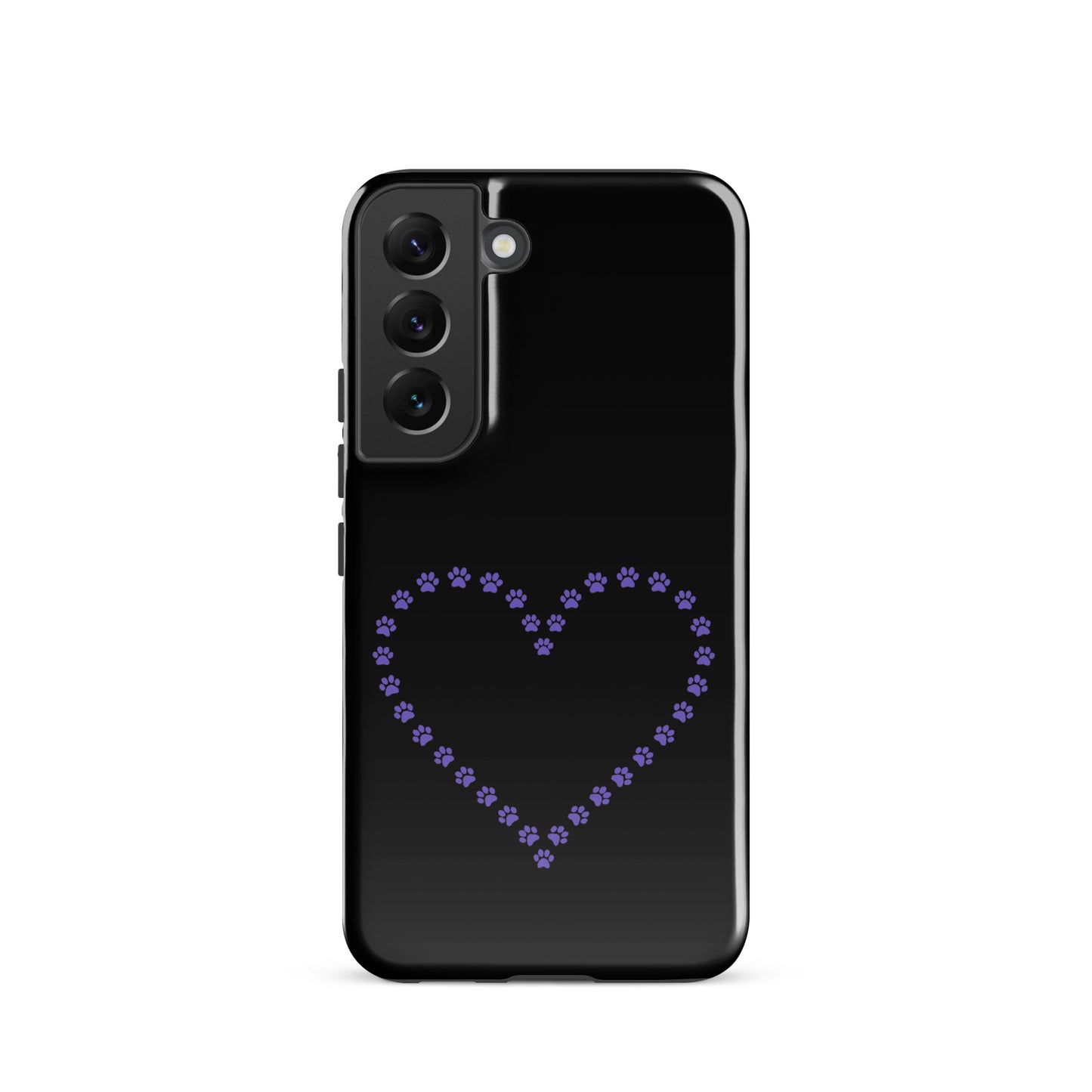 Phone Case for Samsung Galaxy with paw print heart design in black and purple for pet lovers.