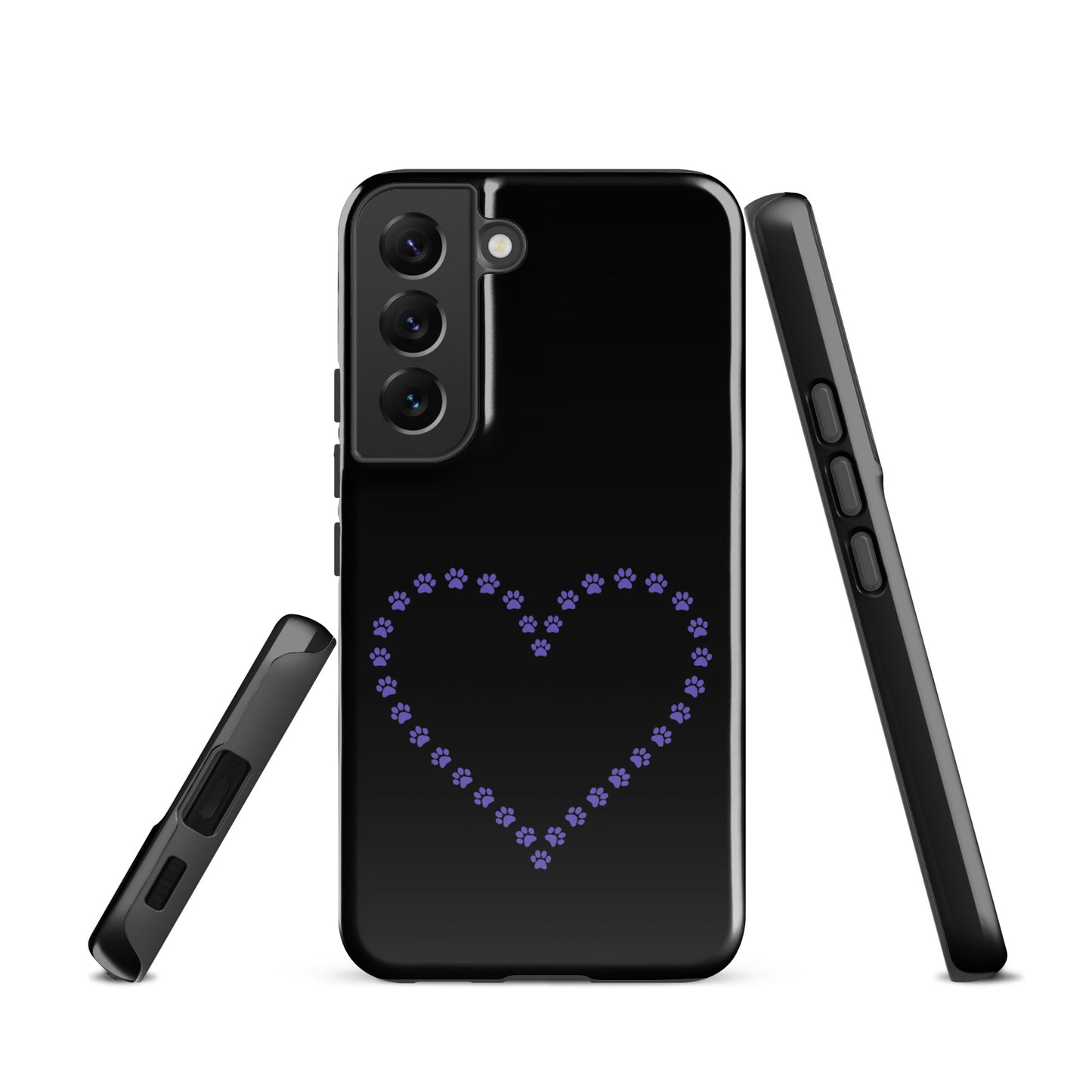Phone Case for Samsung Galaxy with paw print heart design in black and purple, perfect for pet lovers seeking style and protection.