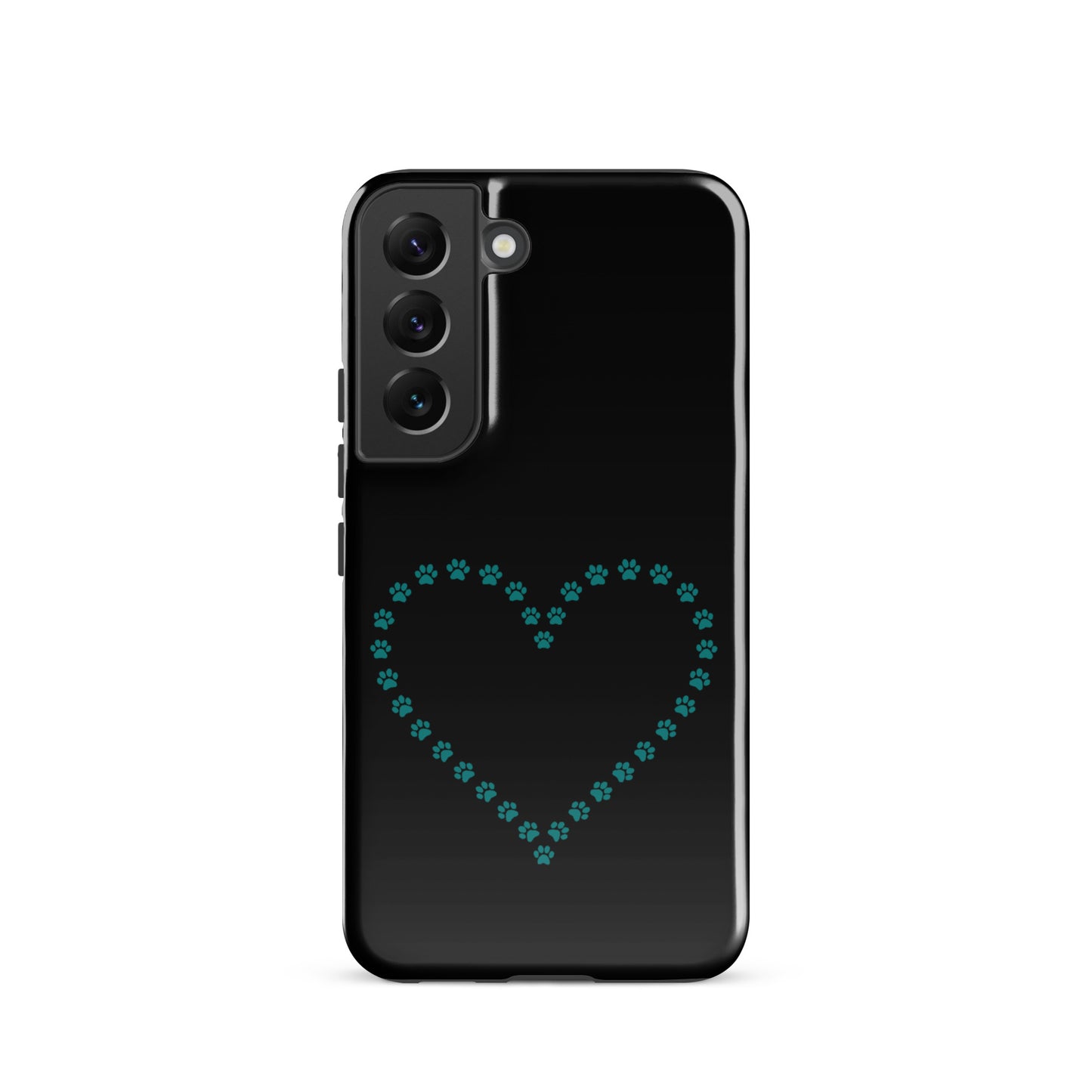 Phone Case for Samsung Galaxy with paw print heart design in black and teal, ideal for pet lovers who adore their cats or dogs.