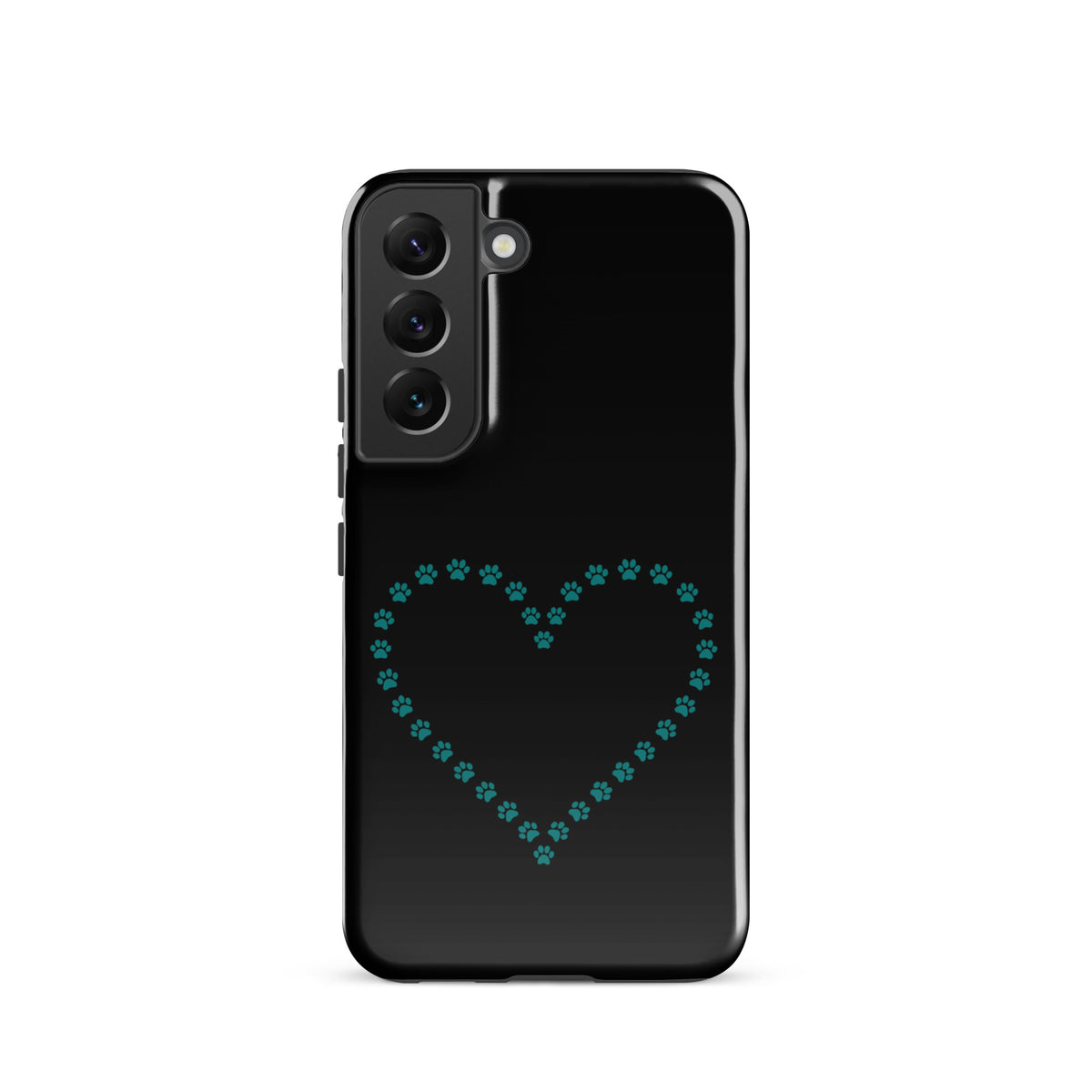 Phone Case for Samsung Galaxy with paw print heart design in black and teal, ideal for pet lovers who adore their cats or dogs.