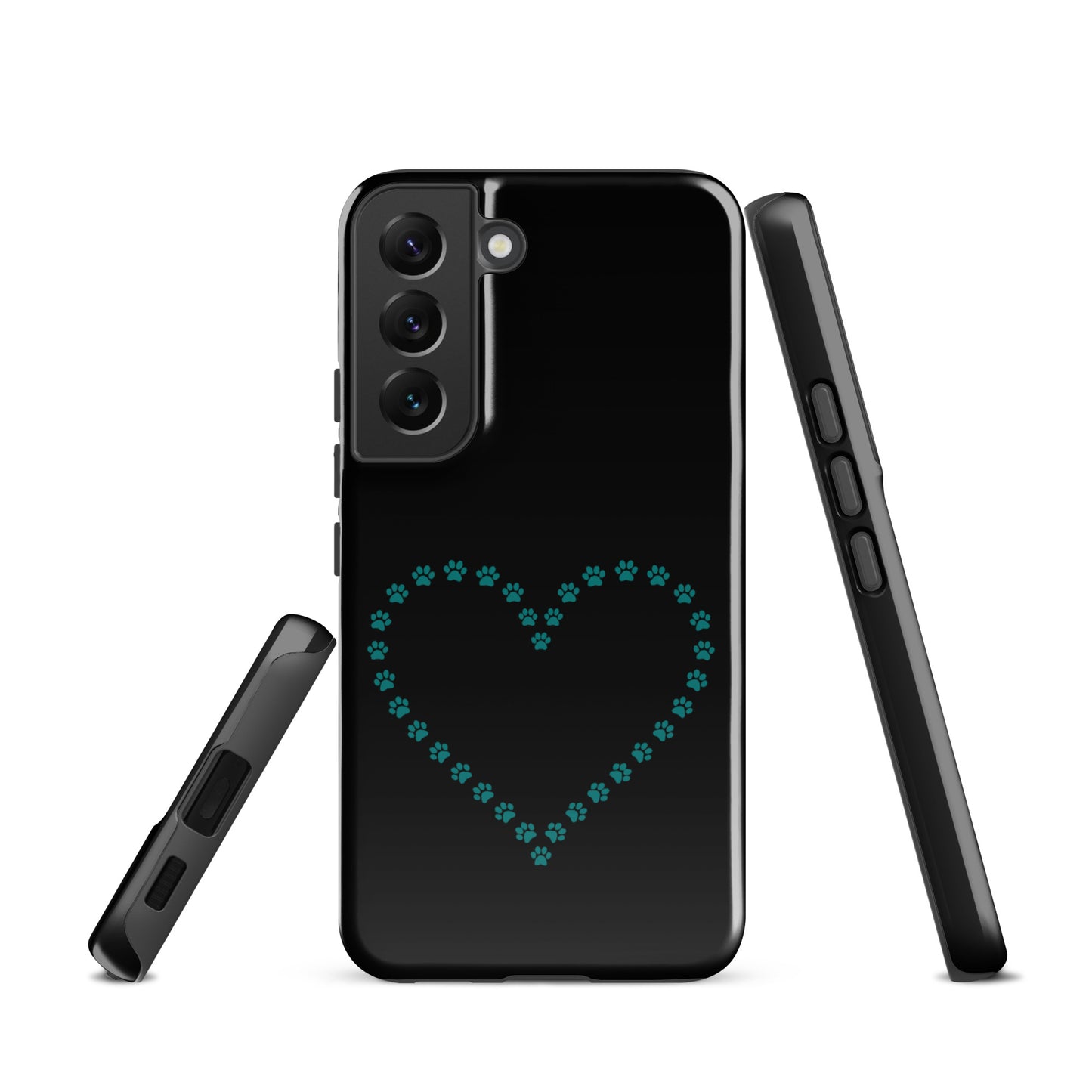 Phone Case for Samsung Galaxy with Paw Print Heart Design, Black/Teal, Perfect for Pet Lovers