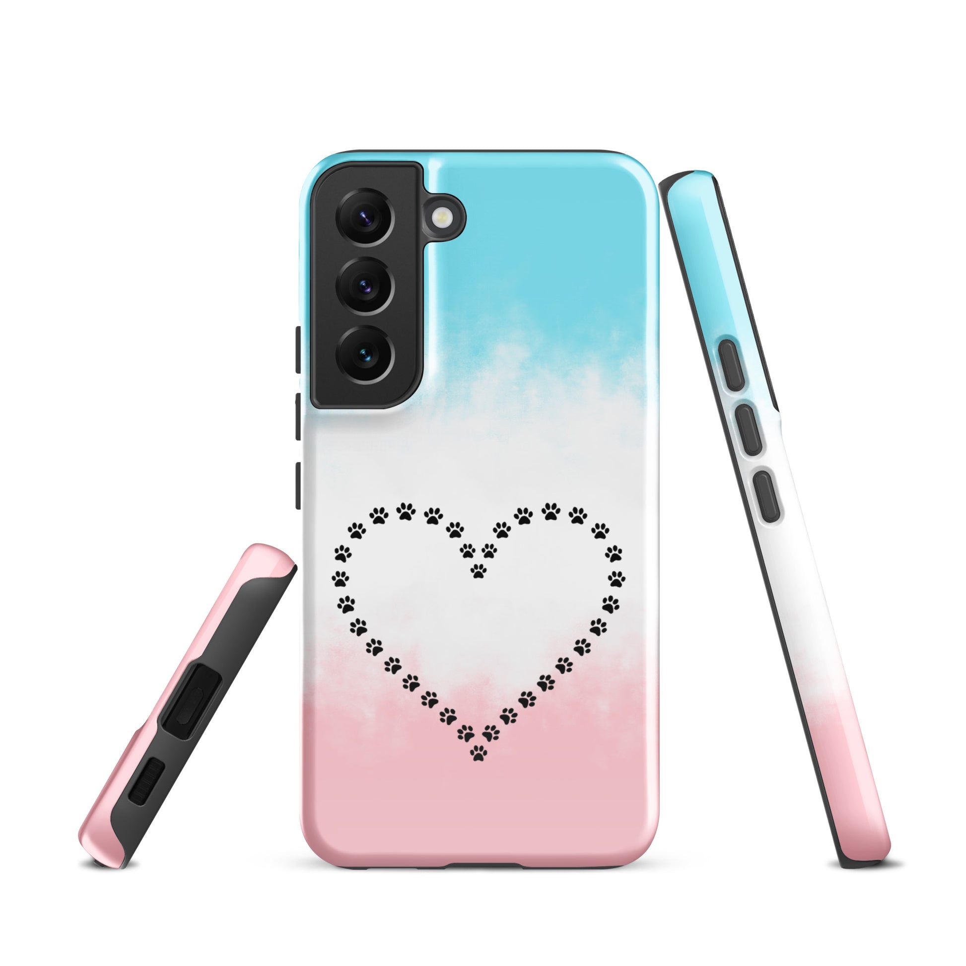 Phone Case for Samsung Galaxy with heart design made of paw prints in blue, white, and pink. Perfect for pet lovers.