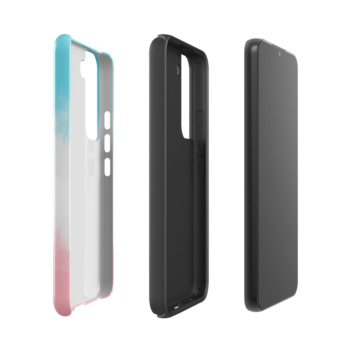 Phone Case for Samsung Galaxy with Paw Print Heart Design in Blue, White, and Pink colors, shown in multiple angles.