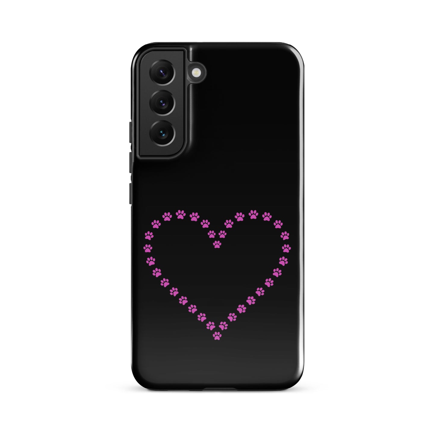 Phone Case for Samsung Galaxy with pink paw print heart design for pet lovers on black background