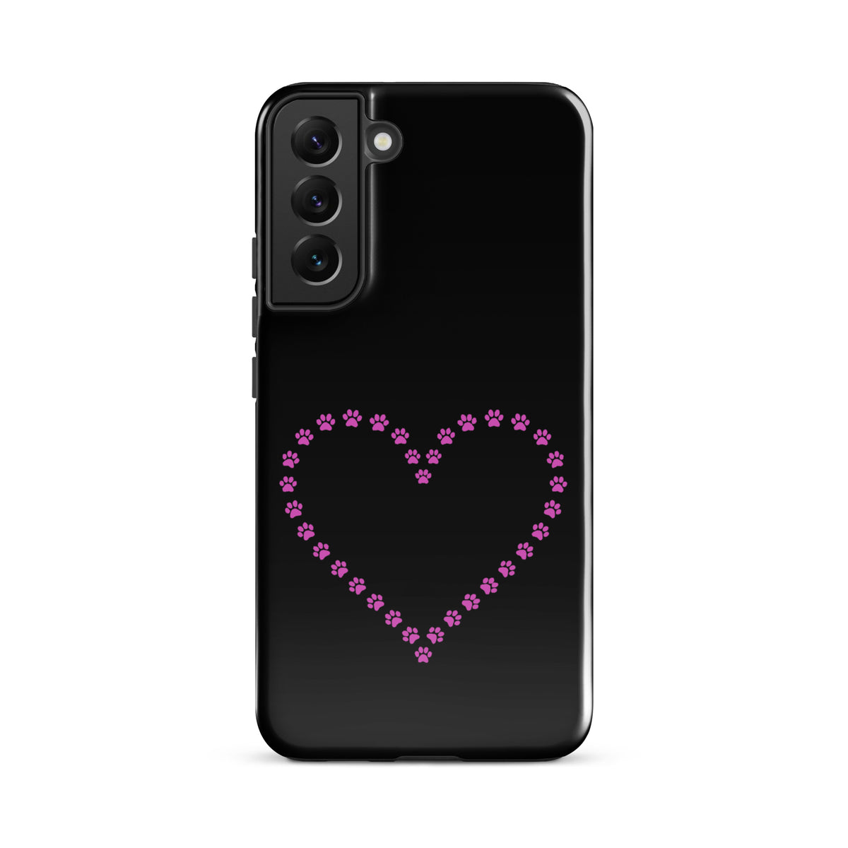 Phone Case for Samsung Galaxy with pink paw print heart design for pet lovers on black background