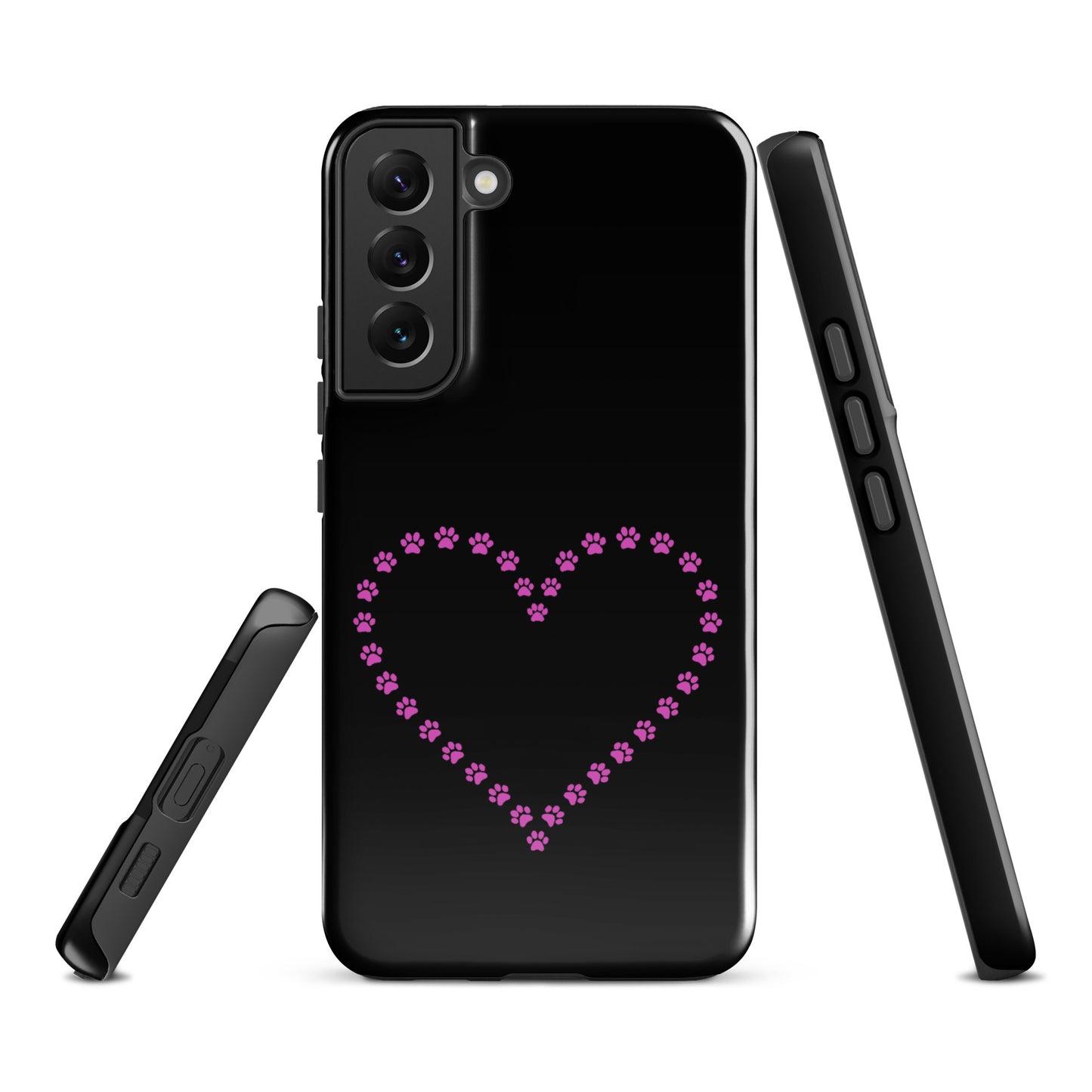 Phone Case for Samsung Galaxy with paw print heart design, perfect for pet lovers. Black/Pink durable cover for animal enthusiasts.