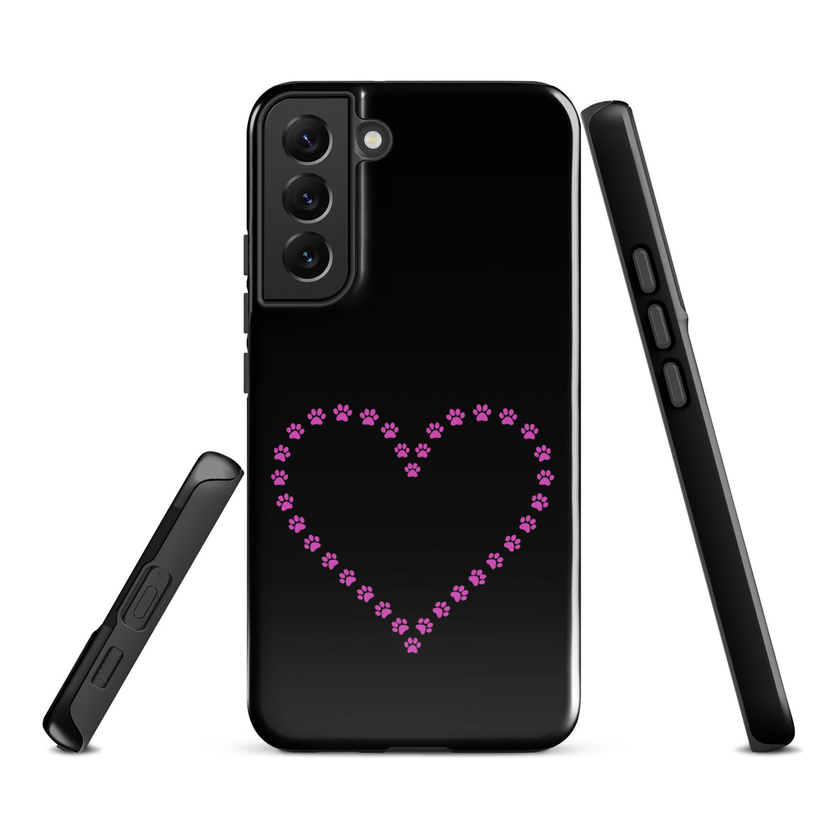 Phone Case for Samsung Galaxy with paw print heart design, perfect for pet lovers. Black/Pink durable cover for animal enthusiasts.