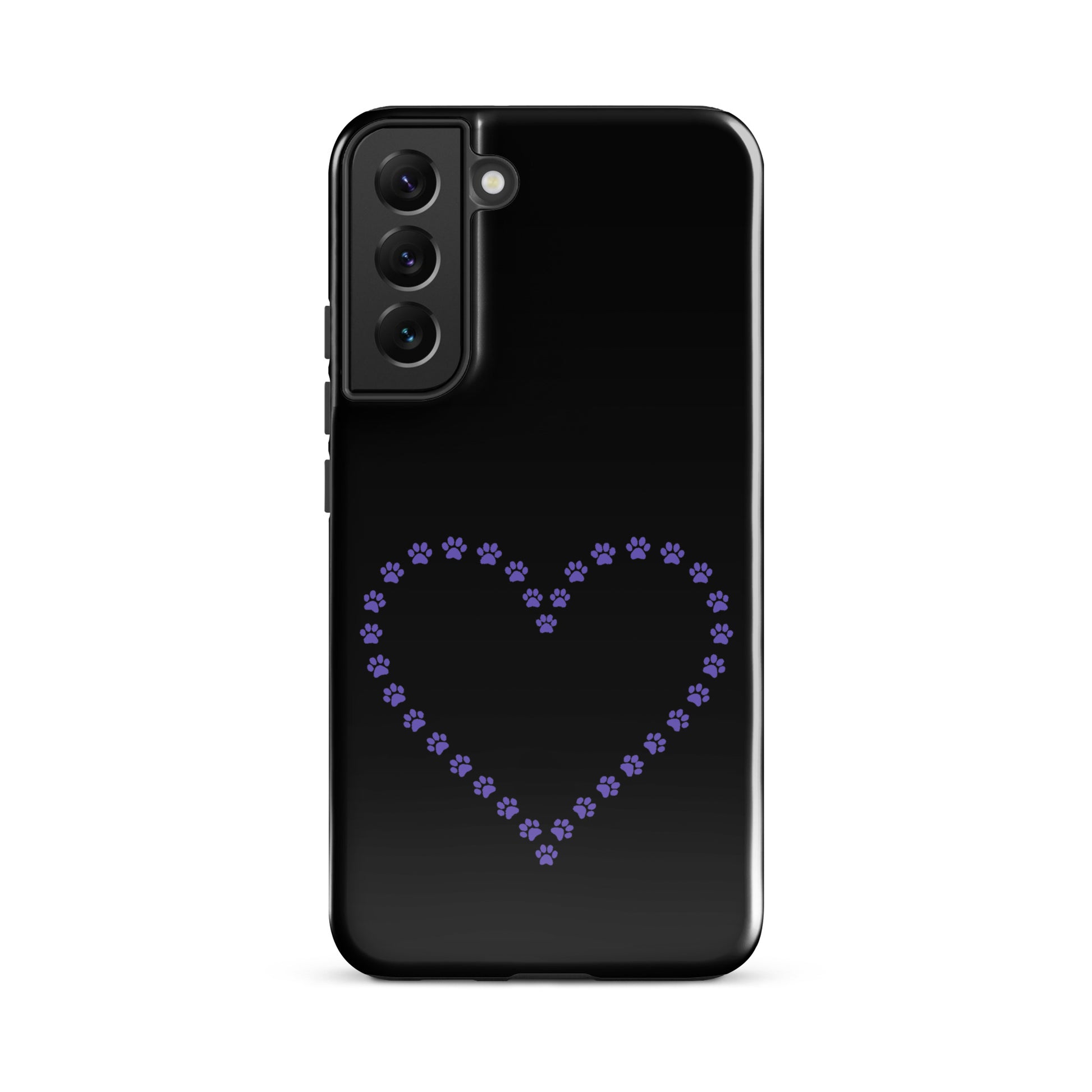 Phone Case for Samsung Galaxy with black and purple paw print heart design, perfect for pet lovers and animal design enthusiasts.