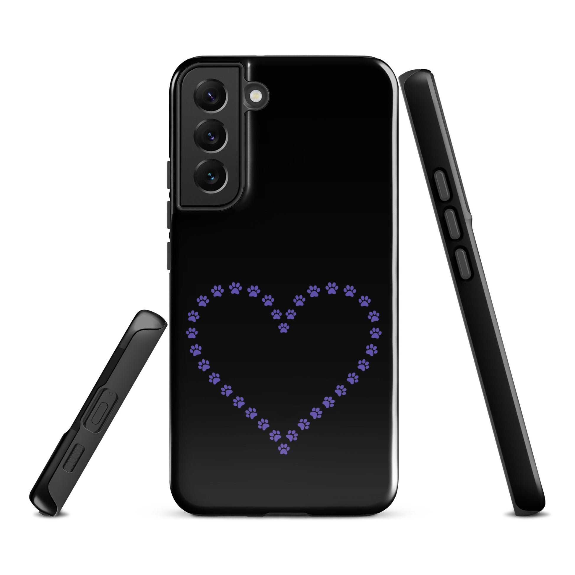 Phone Case for Samsung Galaxy with purple paw print heart design, perfect for pet lovers, in black color. Durable and stylish protection.