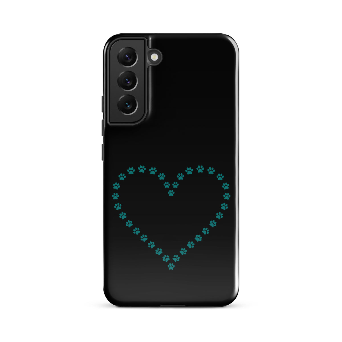 Phone Case for Samsung Galaxy with teal paw print heart design on black background, perfect for pet lovers.