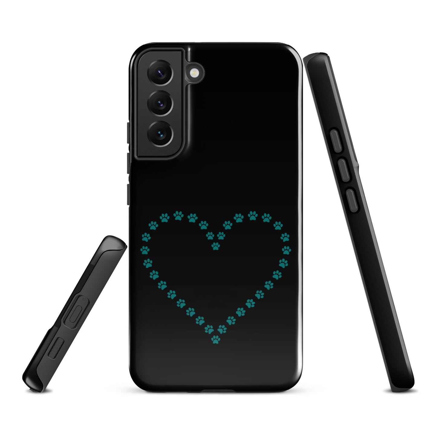 Phone Case for Samsung Galaxy with teal paw print heart design on black, perfect for pet lovers and durable protection.