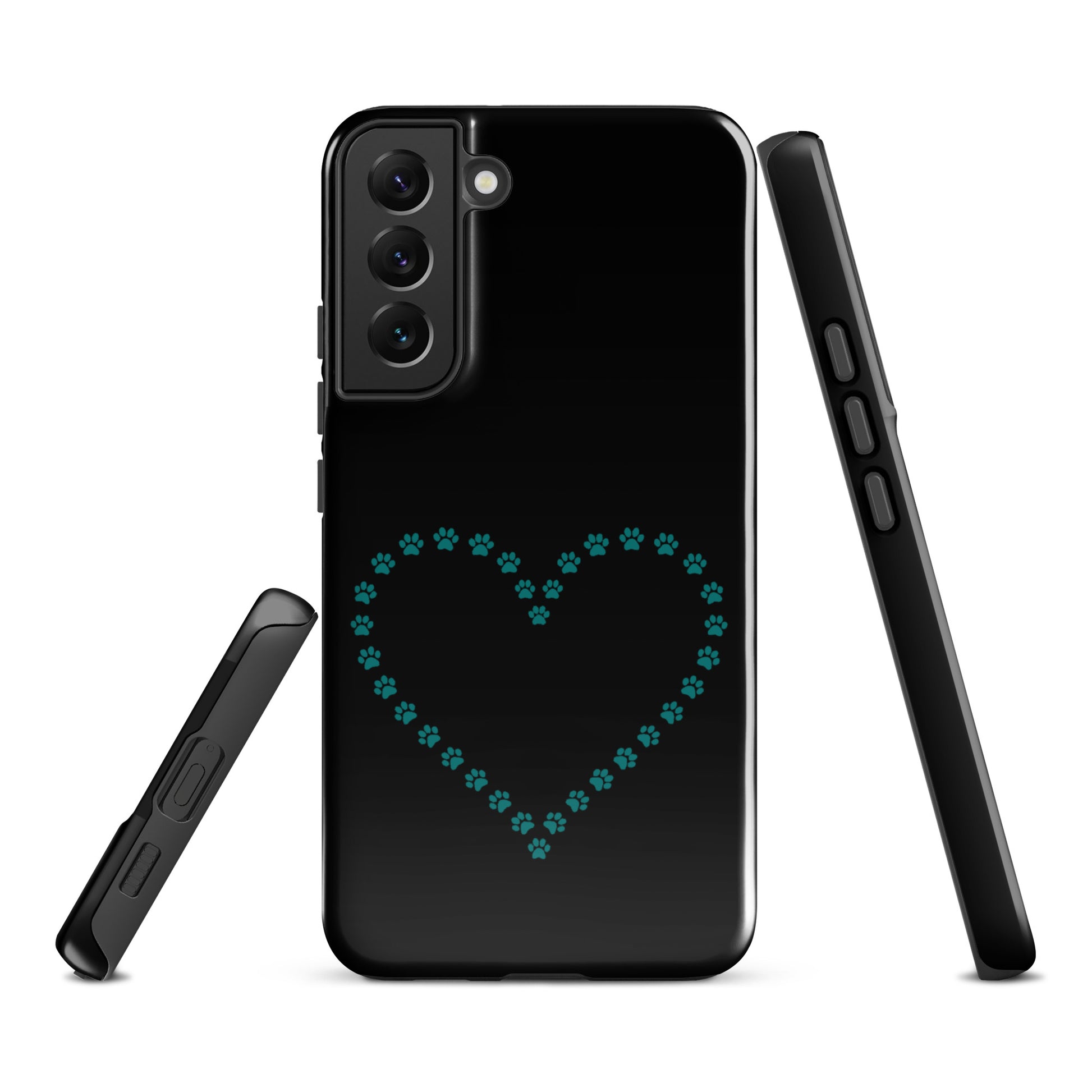 Phone Case for Samsung Galaxy with teal paw print heart design on black, perfect for pet lovers and durable protection.