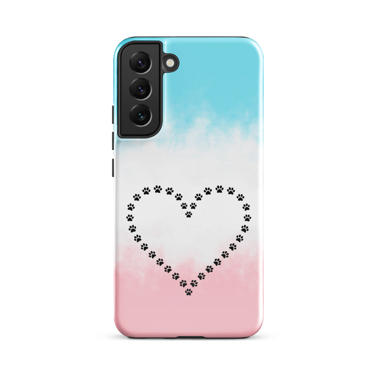Phone Case for Samsung Galaxy with paw print heart design in blue, white, and pink for pet lovers.