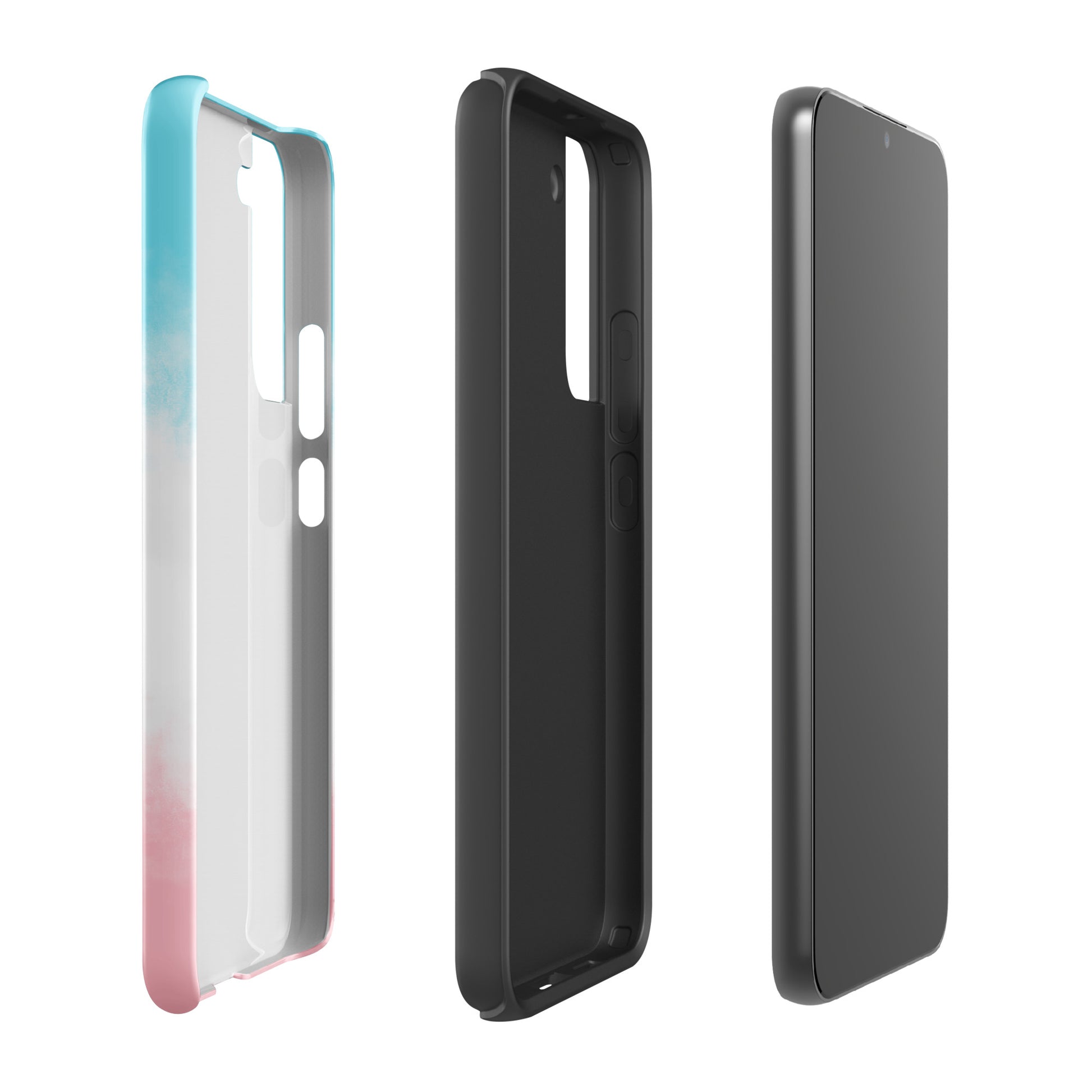 Phone Case for Samsung Galaxy in blue, white, pink with a paw print heart design, shown in three angles for pet lovers.
