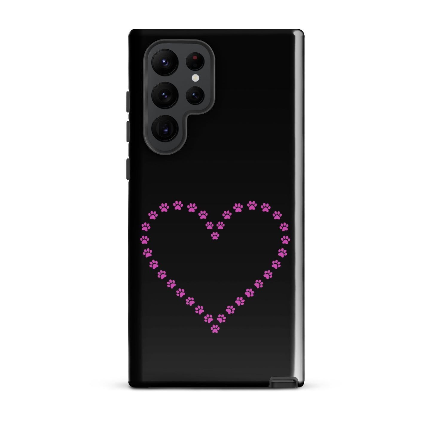 Phone Case for Samsung Galaxy with pink paw print heart design for pet lovers in black