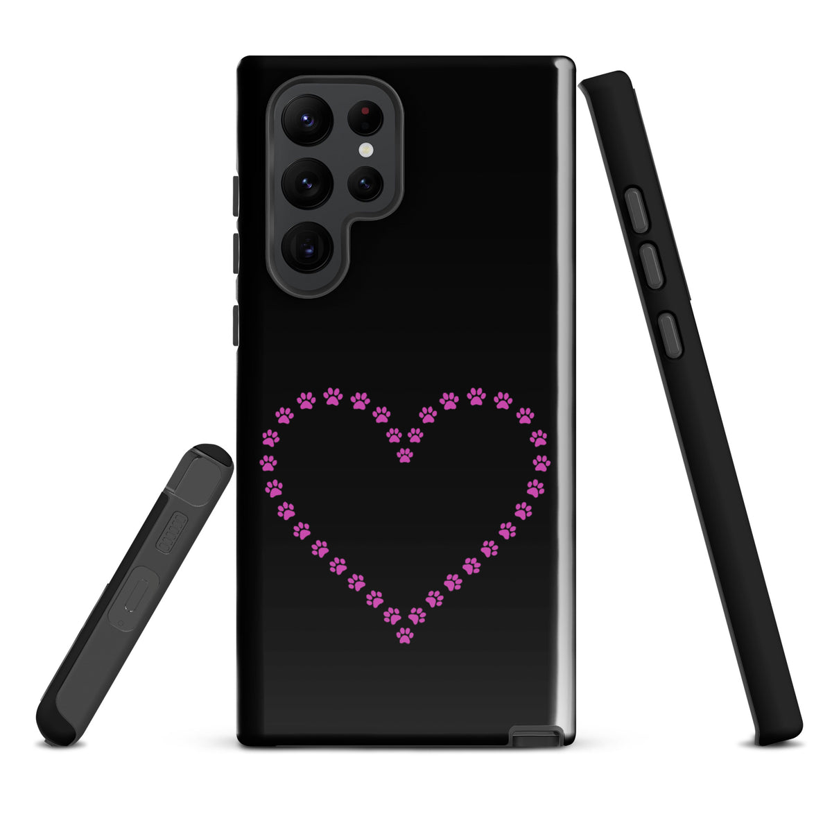 Phone Case for Samsung Galaxy with paw print heart design in black and pink, perfect for pet lovers seeking style and protection.