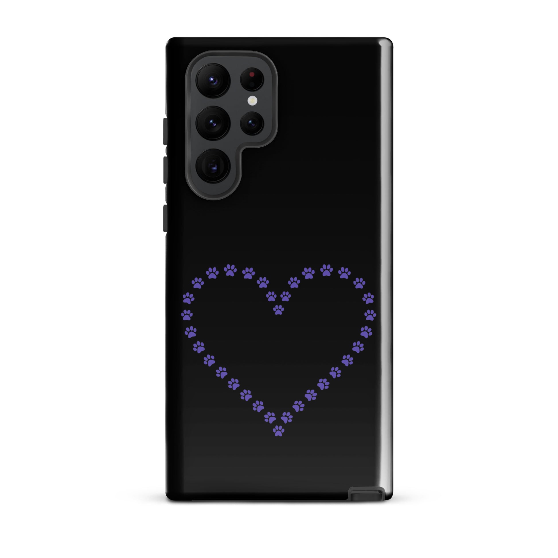 Phone Case for Samsung Galaxy with black and purple paw print heart design for pet lovers.