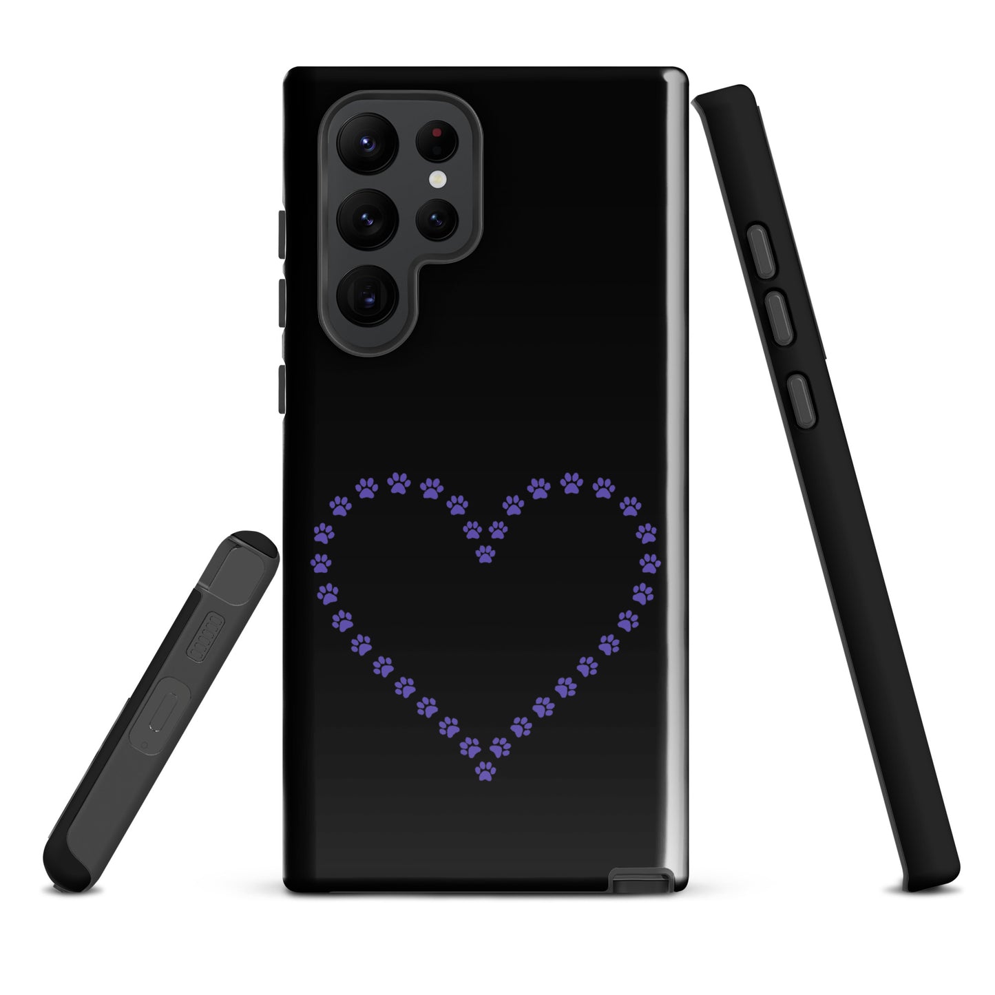 Phone Case for Samsung Galaxy with paw print heart design in black and purple, ideal for pet lovers seeking playful yet protective covers.