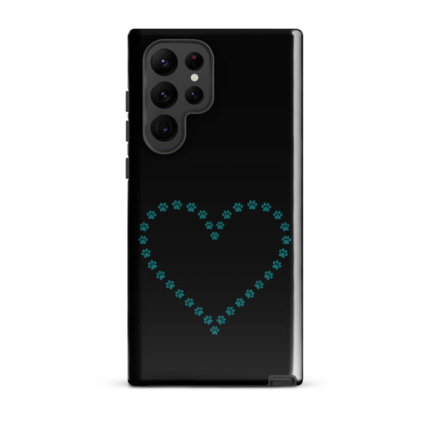 Phone Case with paw print heart design for Samsung Galaxy, perfect for pet lovers, in black and teal colors, durable and charming.