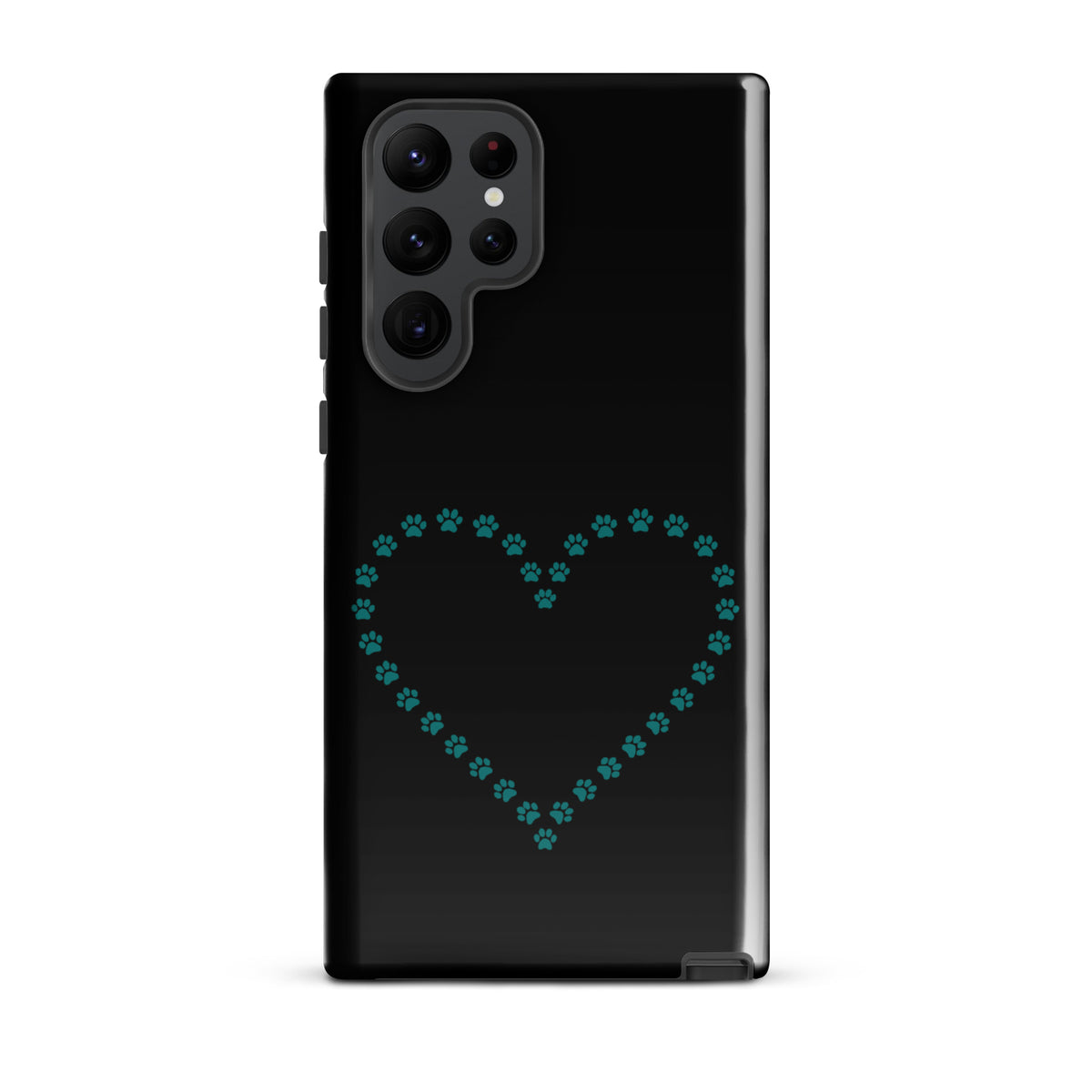 Phone Case with paw print heart design for Samsung Galaxy, perfect for pet lovers, in black and teal colors, durable and charming.