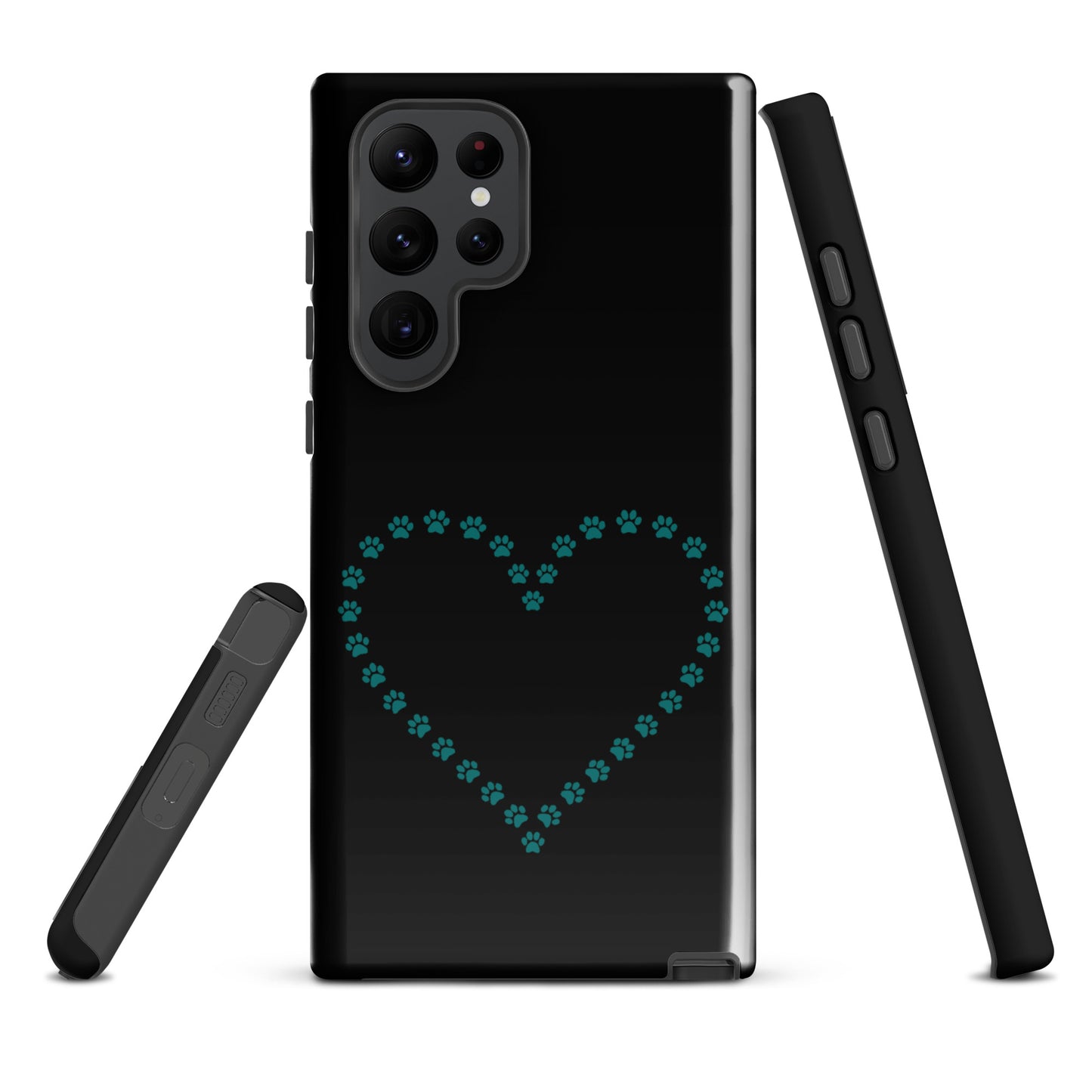 Phone Case for Samsung Galaxy with paw print heart design in black and teal for pet lovers, showcasing minimalist animal style.