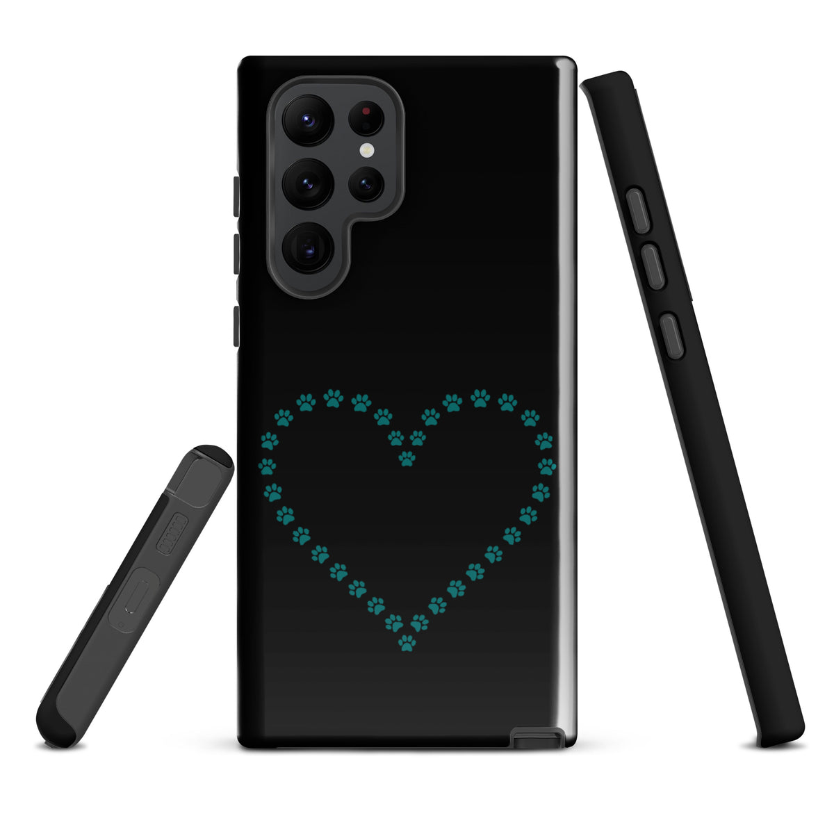 Phone Case for Samsung Galaxy with paw print heart design in black and teal for pet lovers, showcasing minimalist animal style.