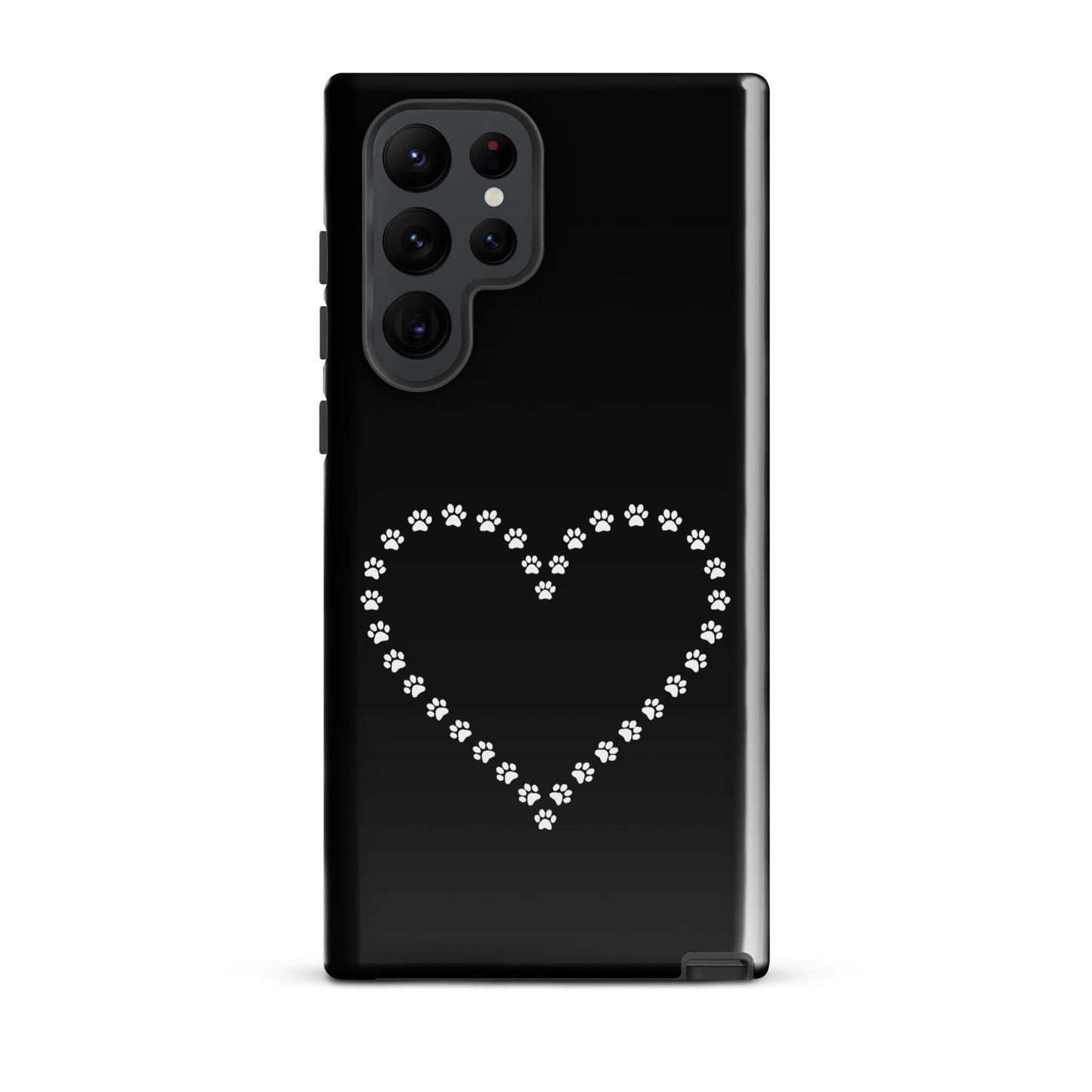 Phone Case for Samsung Galaxy featuring paw print heart design in black and white, perfect for pet lovers seeking style and protection.