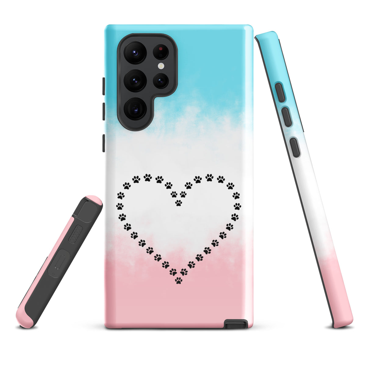 Phone Case for Samsung Galaxy with paw print heart design in blue, white, pink colors, perfect for pet lovers and animal design enthusiasts.