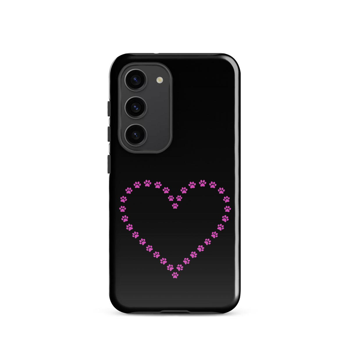 Phone Case for Samsung Galaxy with heart design made of pink paw prints on black background for pet lovers.