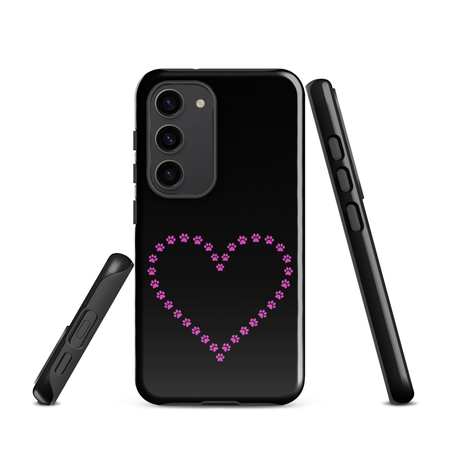 Phone Case for Samsung Galaxy with pink paw print heart design for pet lovers, black color, showing back and side views.