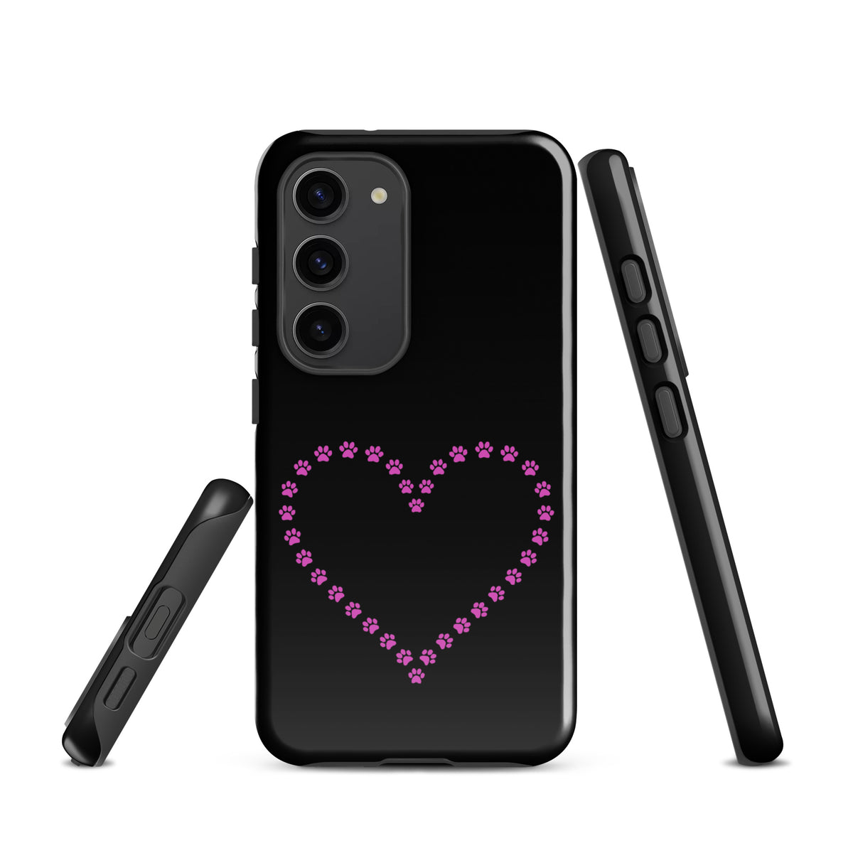 Phone Case for Samsung Galaxy with pink paw print heart design for pet lovers, black color, showing back and side views.