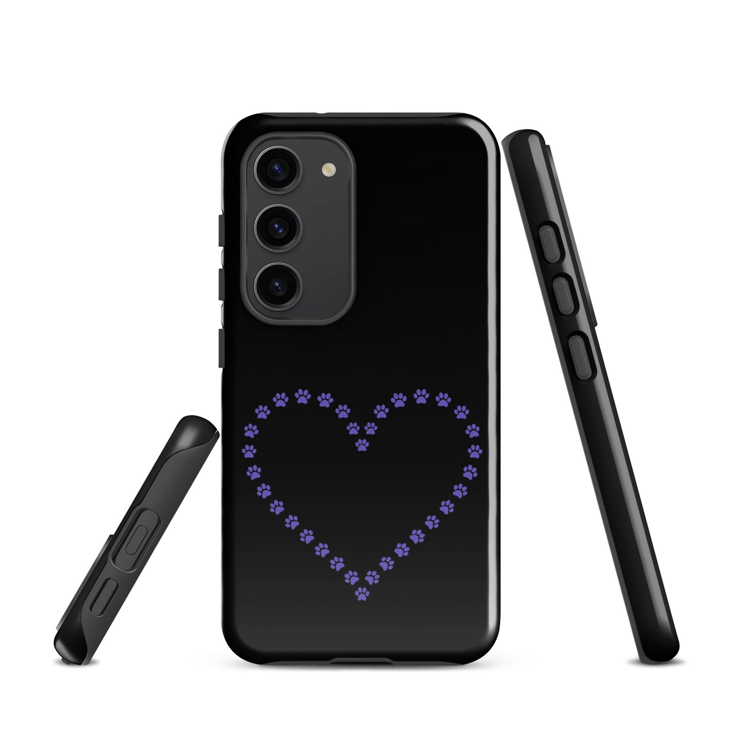 Phone Case for Samsung Galaxy with black and purple paw print heart design for pet lovers, offering style and protection.
