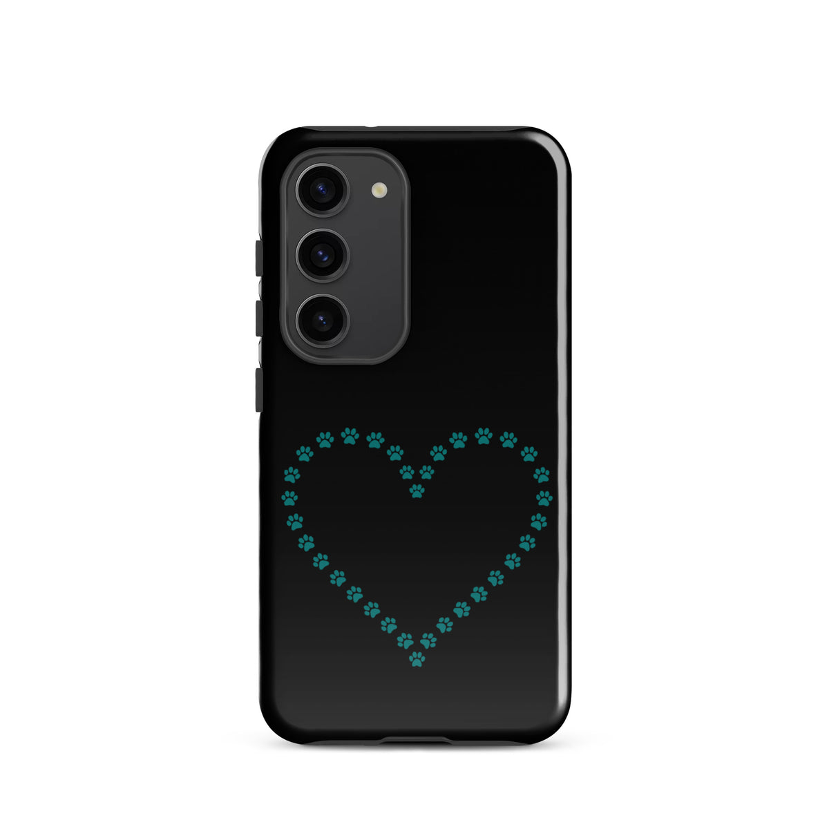 Phone Case for Samsung Galaxy with paw print heart design in black and teal for pet lovers, featuring durable protection.